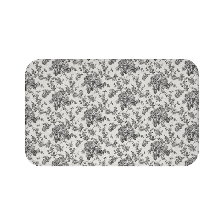 English Ivy & Rose Floral Toile Bath Mat — Vintage Black & White Bathroom Rug