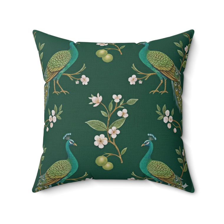 English Ivy & Rose Peacock Botanical Throw Pillow — Green Floral Decorative Accent