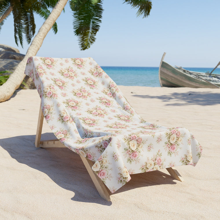 Vintage Rose Floral Beach Towel – Soft Pink Cottagecore Pattern - Creations by Chris and Carlos