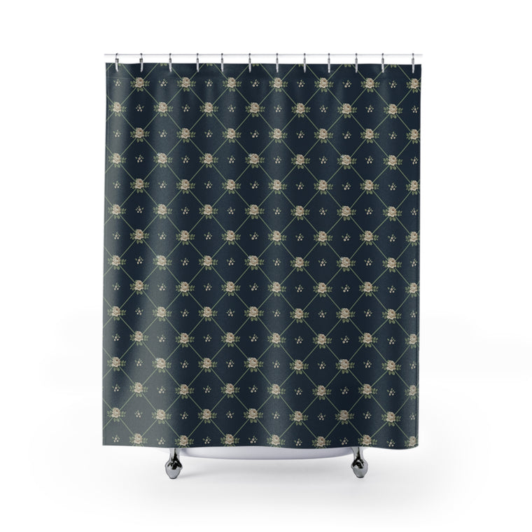 English Ivy & Rose Collection Vintage Floral Lattice Shower Curtain — Navy Rose Pattern