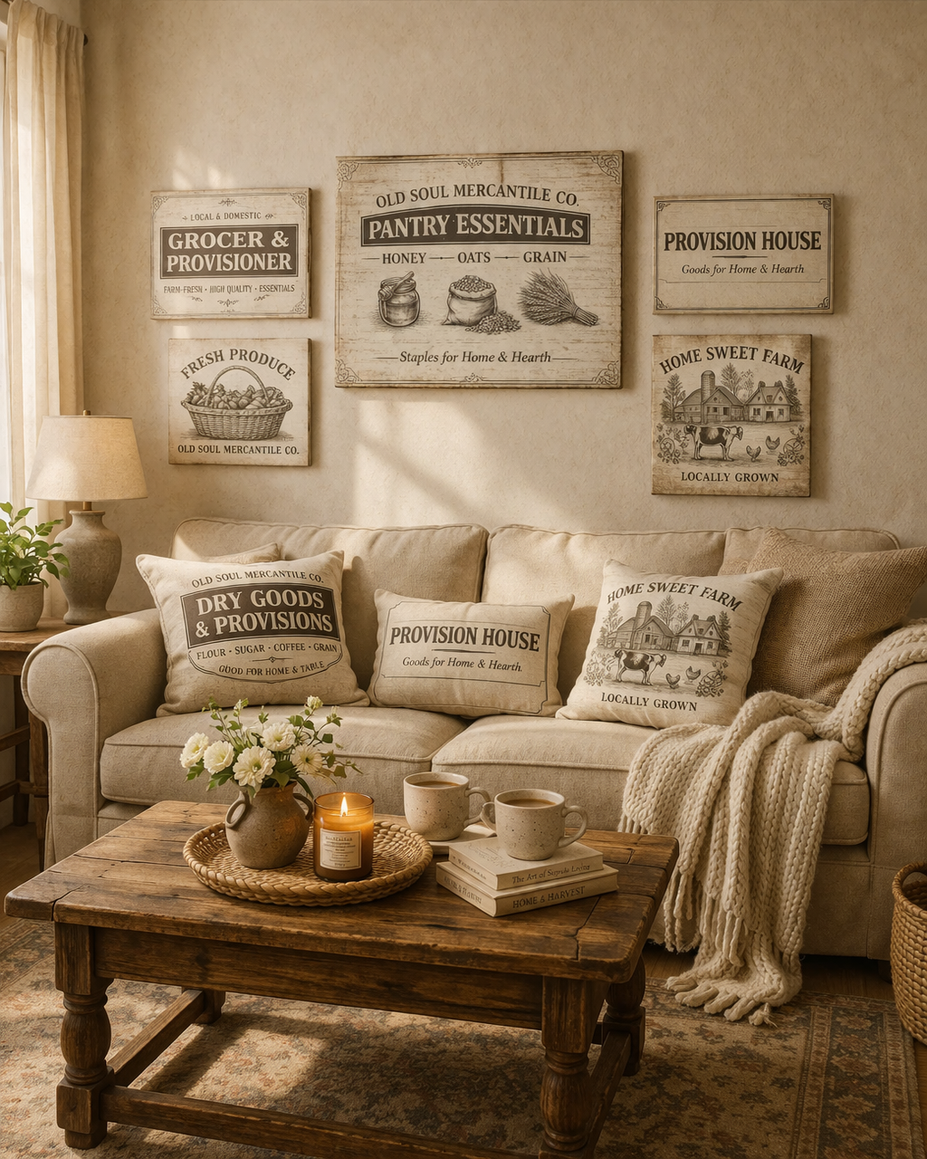 Old Soul Mercantile home world vintage wall art and pillows