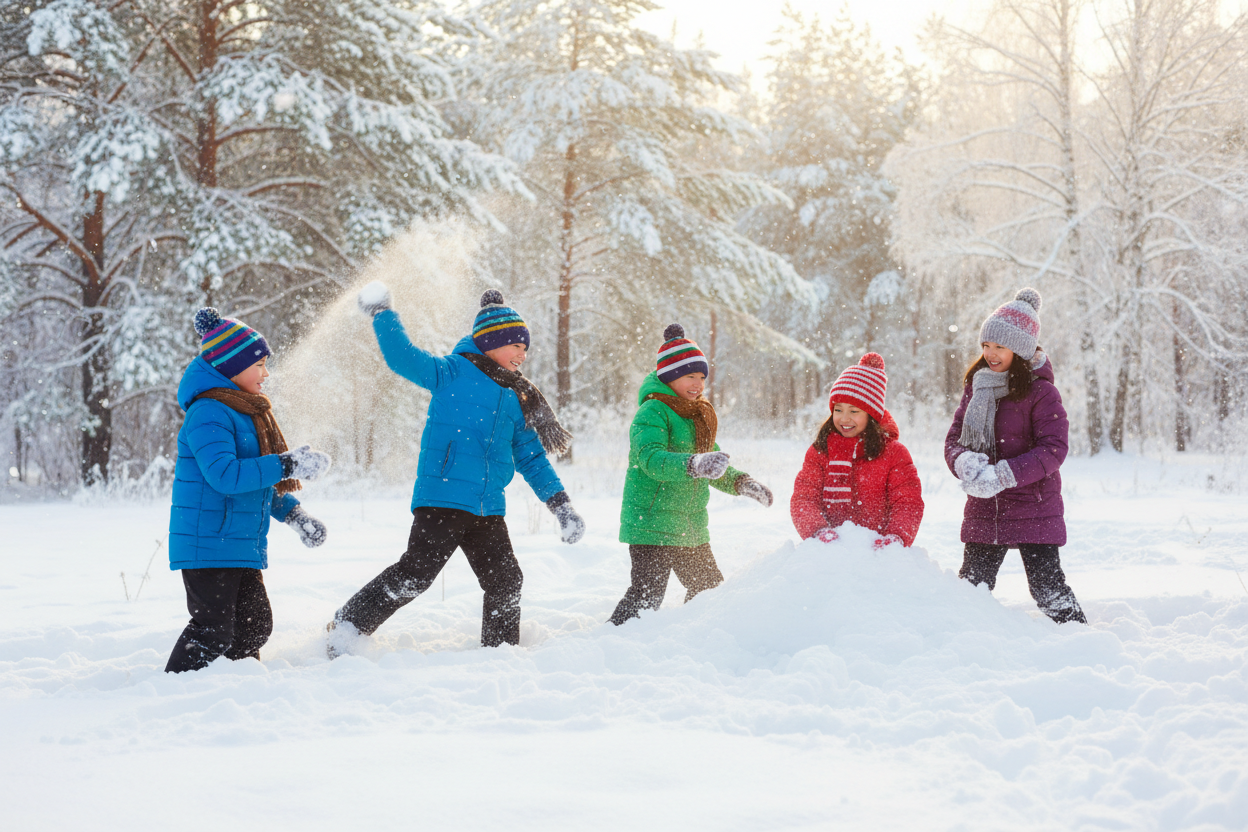 Winter Scene, Kids playing in the snow having a snowball fight