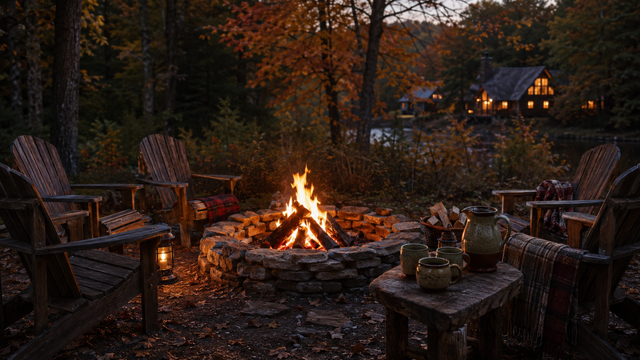 Cozy Campfire Circle gathering scene for the Harvest Hallow collection