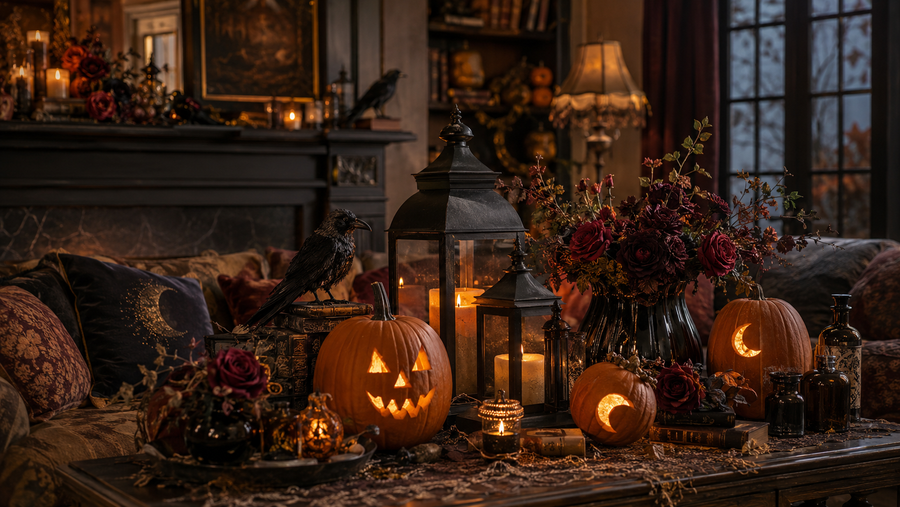 Halloween Hallow candlelit living room with pumpkins, lanterns, ravens and deep red roses