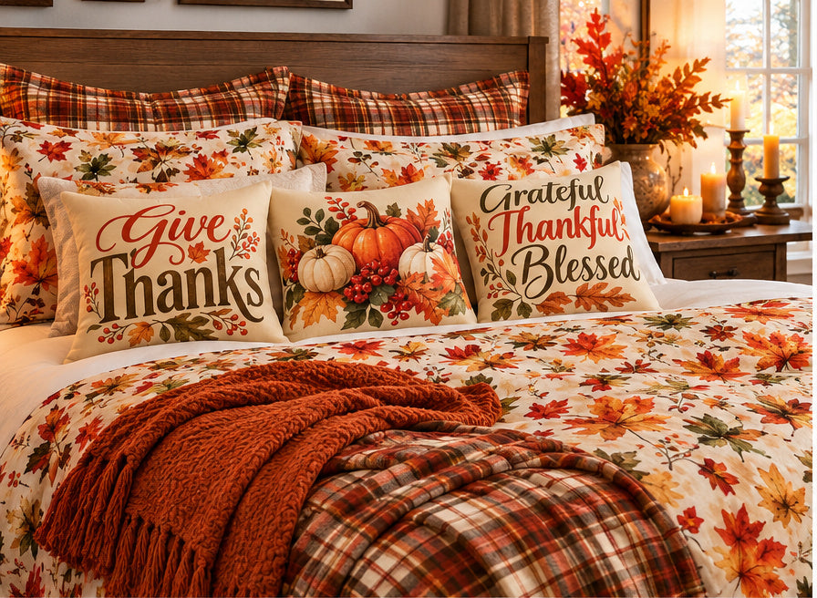 Cozy autumn Harvest bedding with coordinating pillows and seasonal home accents