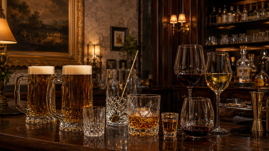 Old Soul Tavern home bar with beer mugs, mixing glasses, rocks glasses and wine glasses