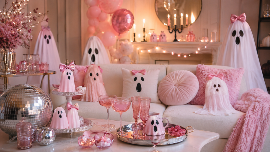 Pink Ghost Social Club living room with pink ghost decor, bows and blush drinkware