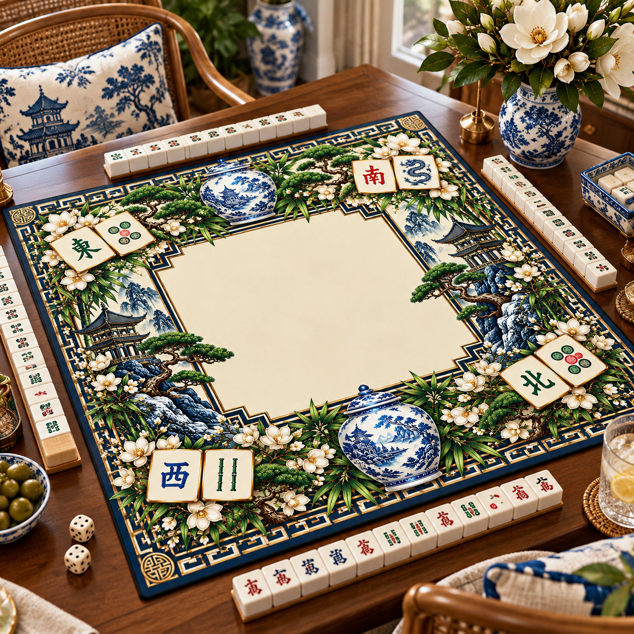 Blue and White Porcelain Mahjong Mat