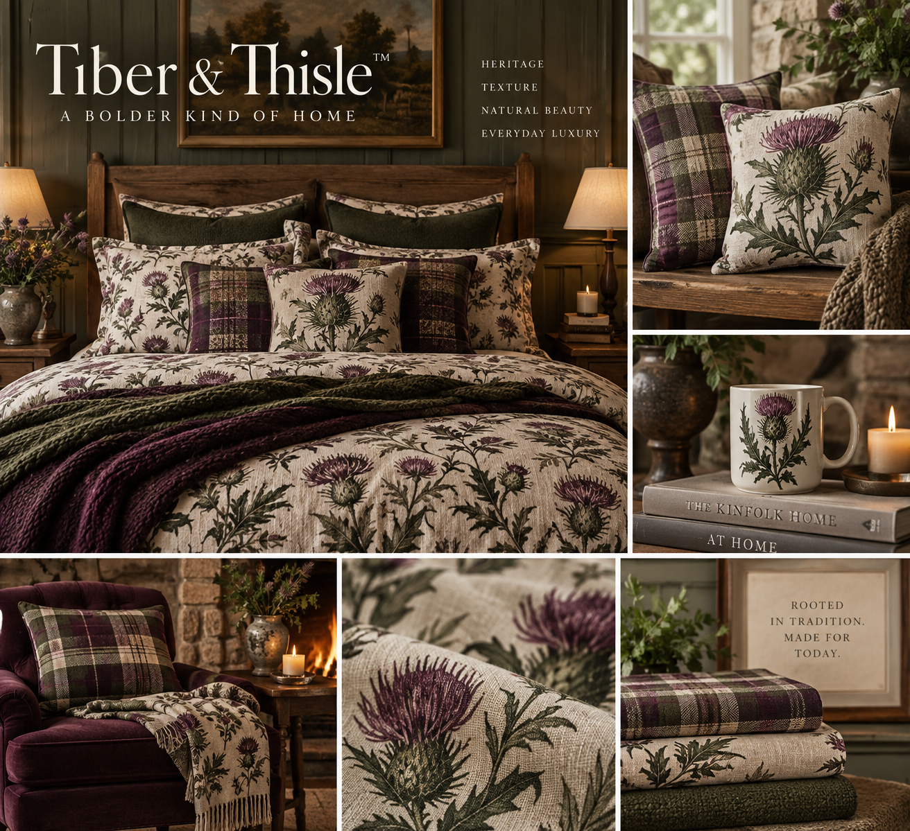 Timber & Thistle Highland Thistle plum botanical and tartan bedroom lifestyle