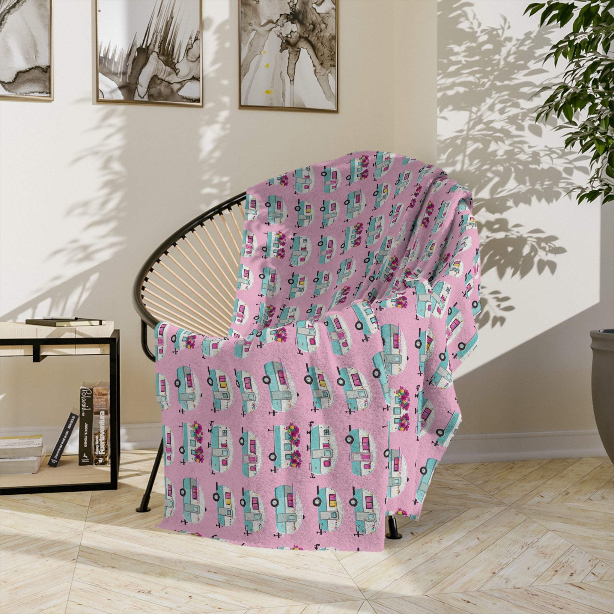 The Sugar Shack- Pink Retro Camper Velveteen Microfiber Blanket Cute Travel Van Pattern Throw - Creations by Chris and Carlos