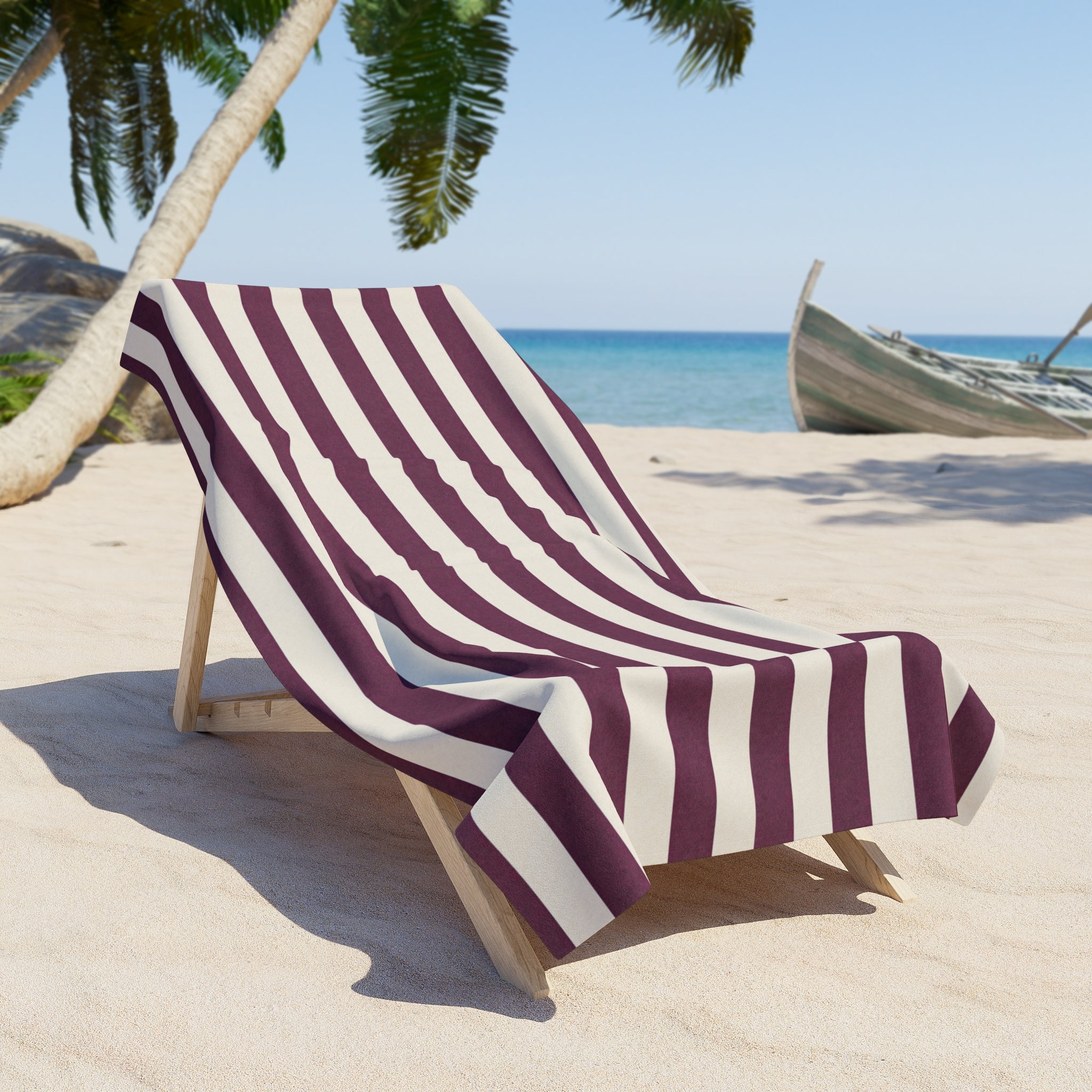 Striped Maroon & White Beach Towel — Classic Nautical Summer Towel - Creations by Chris and Carlos