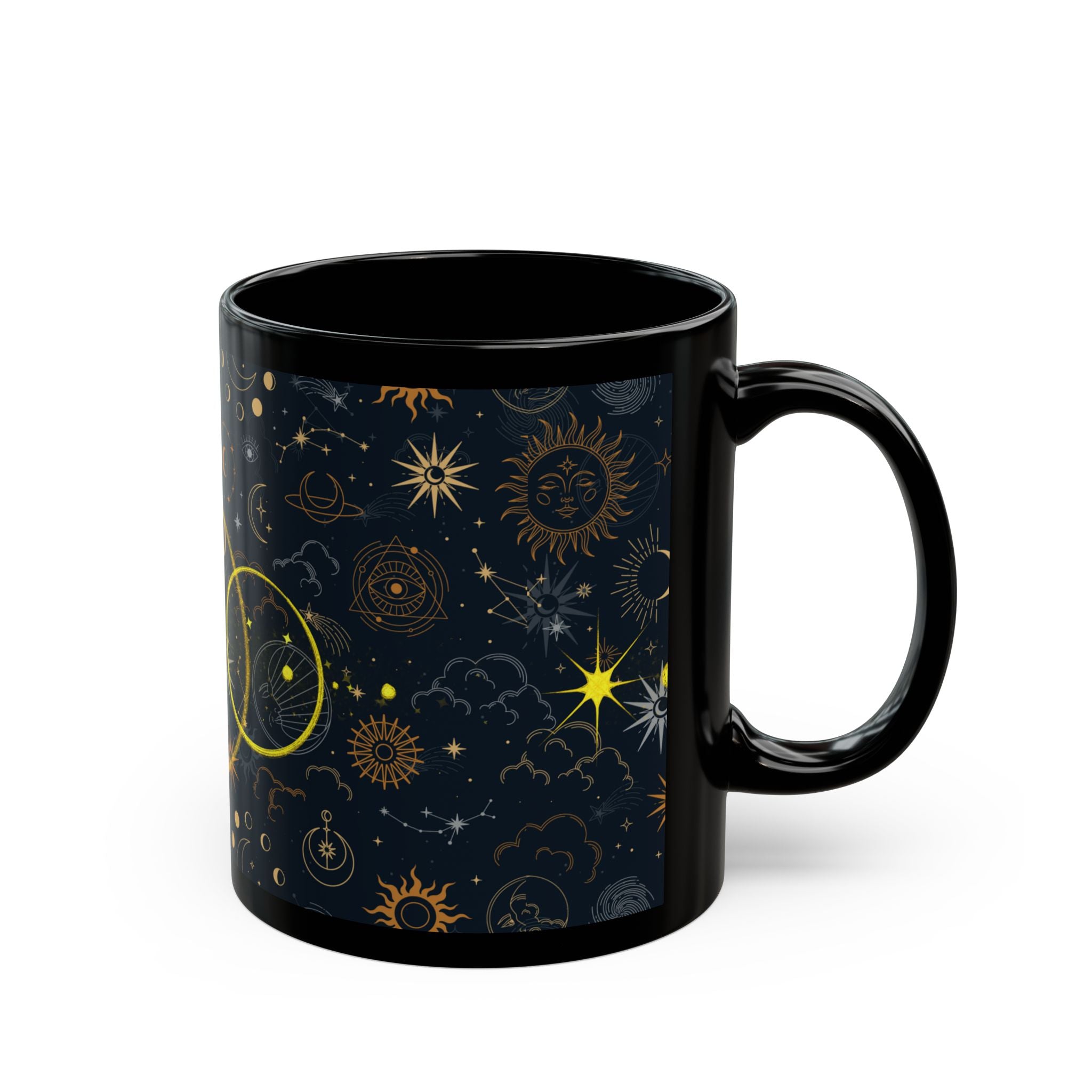 Celestial Phases Black Mug — Gold Moon & Star Astrology Design (11oz/15oz) - Creations by Chris and Carlos