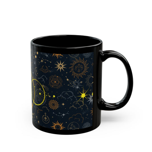 Celestial Phases Black Mug — Gold Moon & Star Astrology Design (11oz/15oz) - Creations by Chris and Carlos
