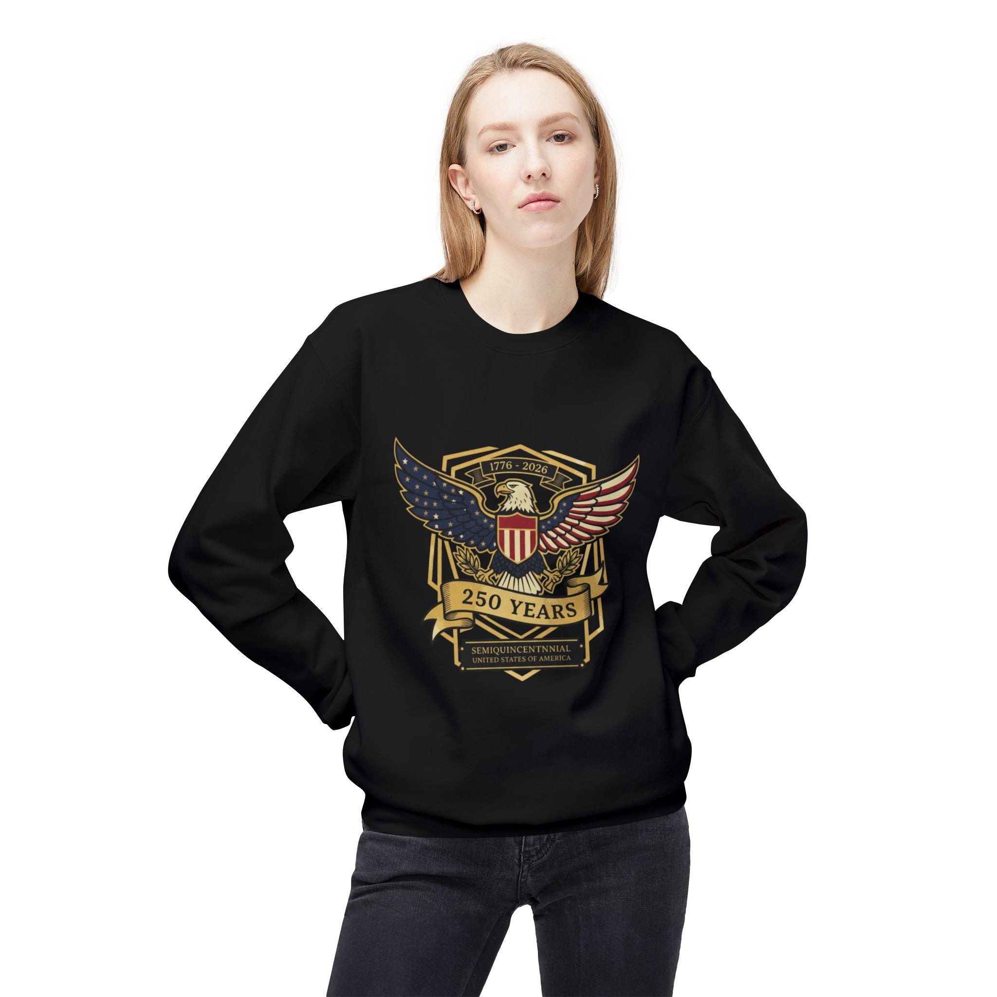 Sweatshirt — 250 Years Patriotic Eagle Crest Crewneck (American Flag Shield) - Creations by Chris and Carlos
