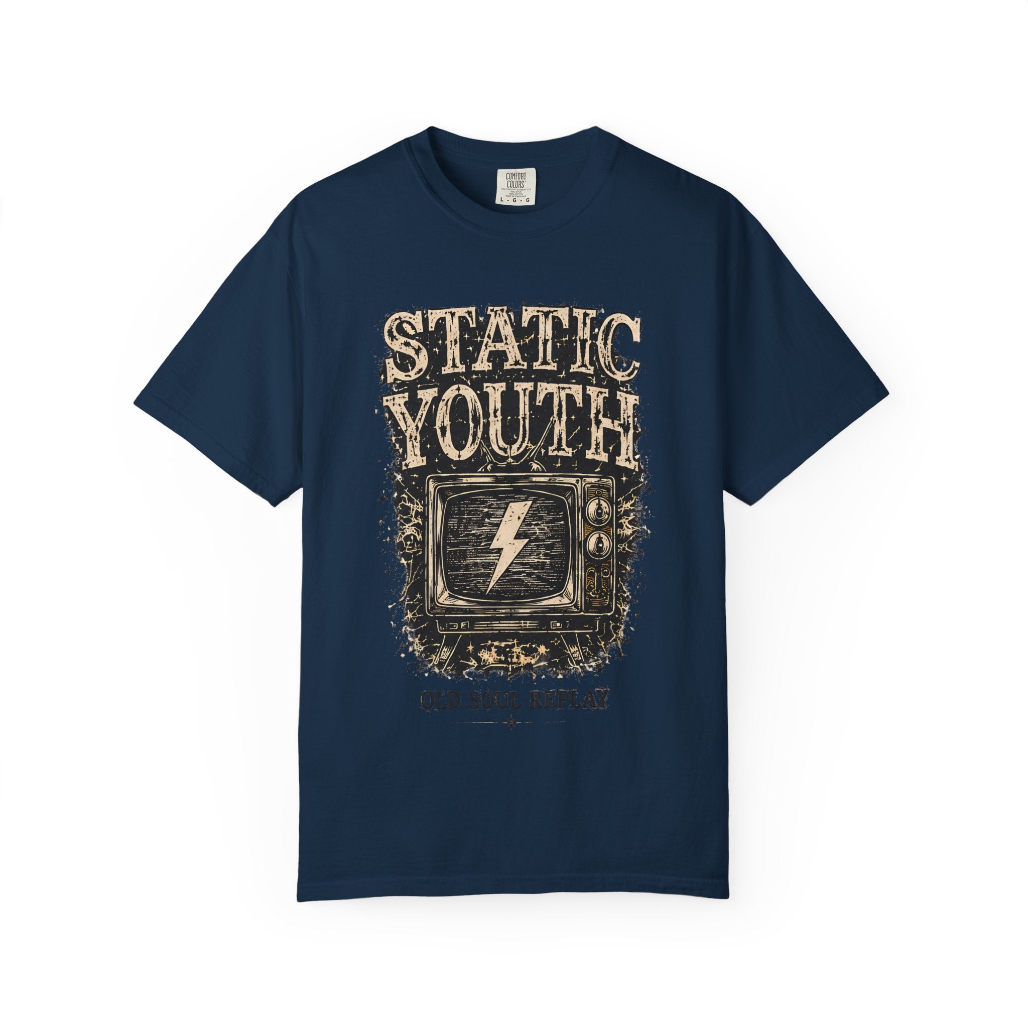 Static Youth Graphic Tee — Vintage TV Lightning Bolt "Old Soul Replay" - Creations by Chris and Carlos