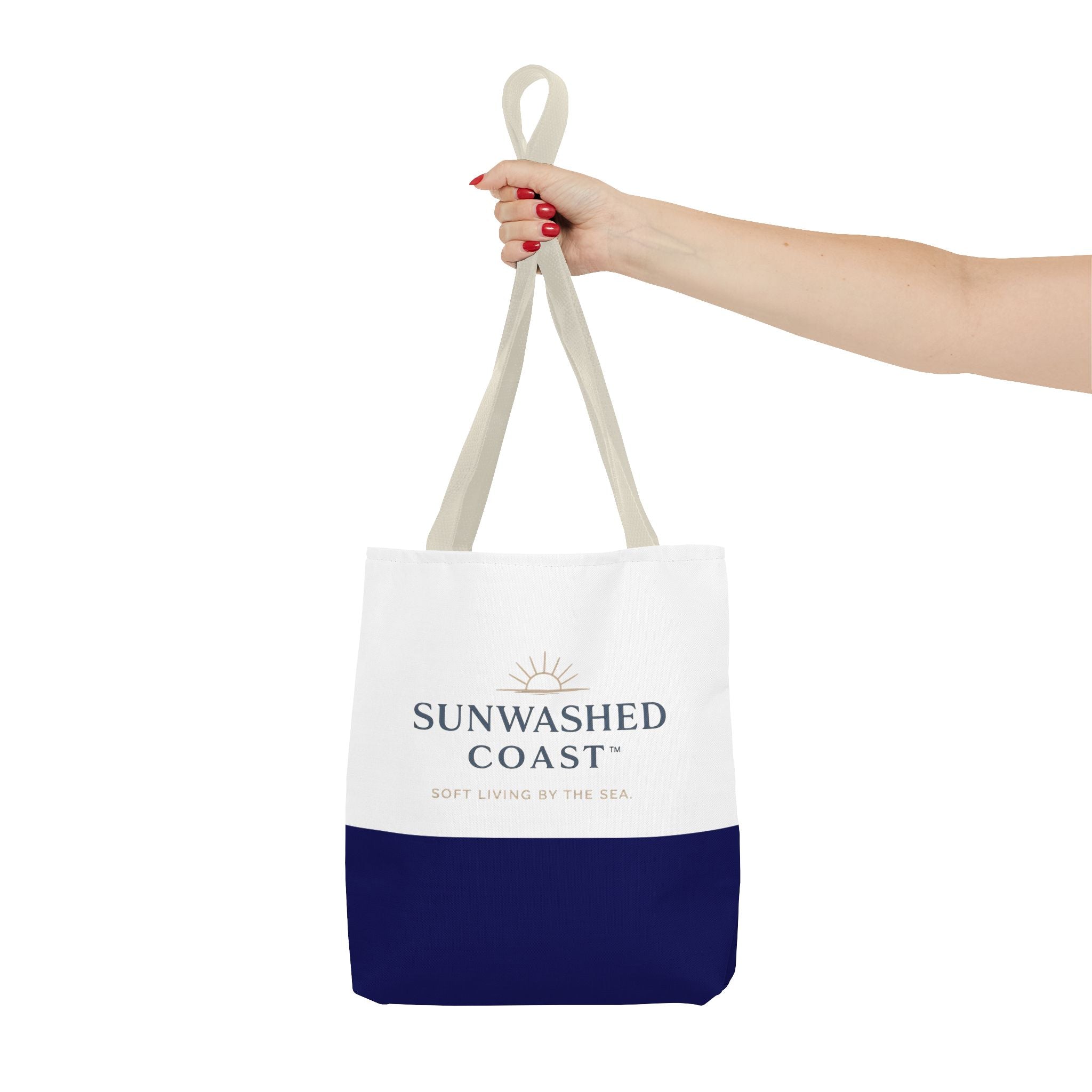 Sunwashed Coast Tote Bag — Coastal Canvas Beach Tote with 'Soft Living by the Sea' Logo - Creations by Chris and Carlos