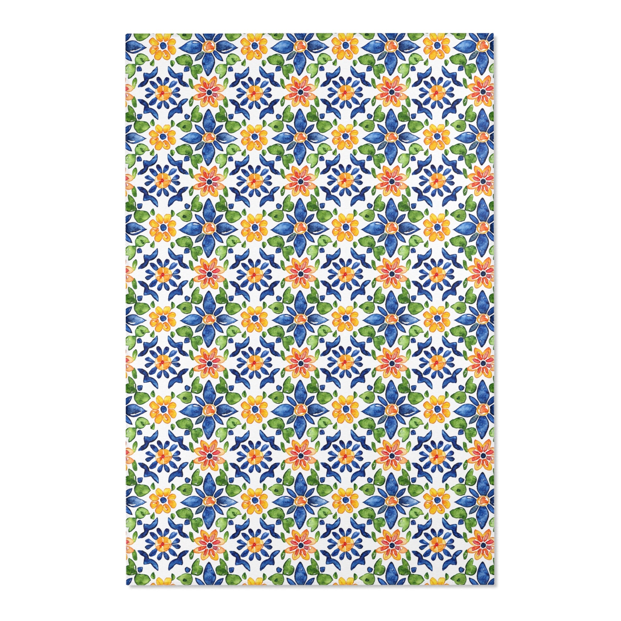 Sol y Alegría (Sun and Joy) Collection- Mediterranean Floral Area Rug — Colorful Blue & Yellow Tile Pattern - Creations by Chris and Carlos