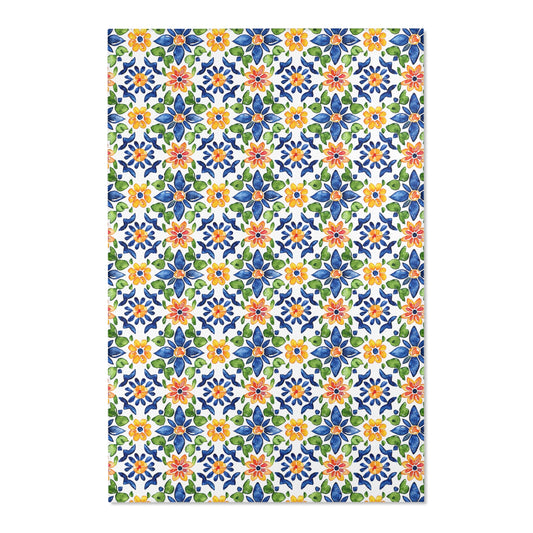 Sol y Alegría (Sun and Joy) Collection- Mediterranean Floral Area Rug — Colorful Blue & Yellow Tile Pattern - Creations by Chris and Carlos