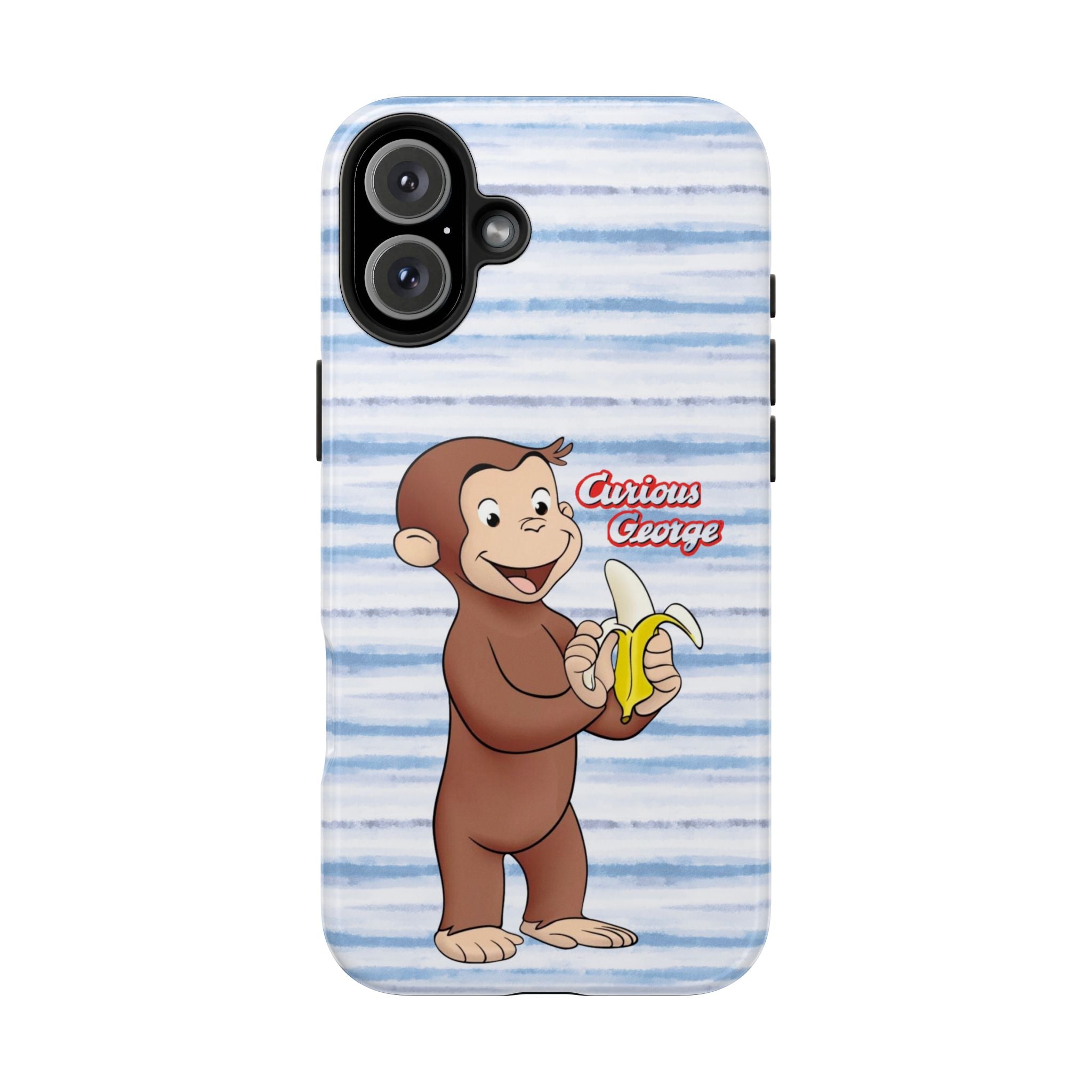 Curious George Banana Tough Phone Case — Cute Kids iPhone Cover, Blue Stripe Protective Case - Creations by Chris and Carlos