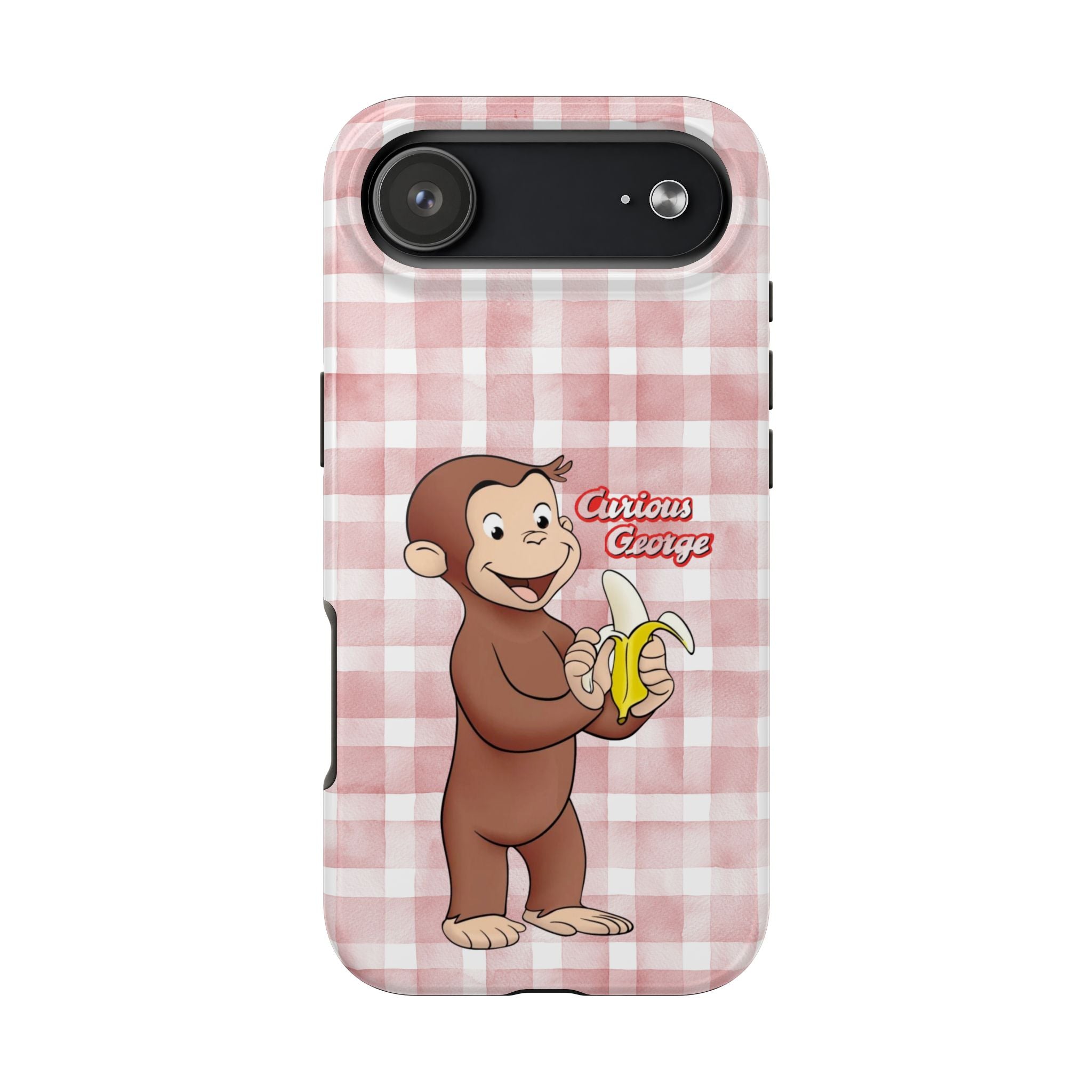 Curious George Banana Tough Phone Case — Cute Kids iPhone Cover, Pink Gingham Protective Case - Creations by Chris and Carlos
