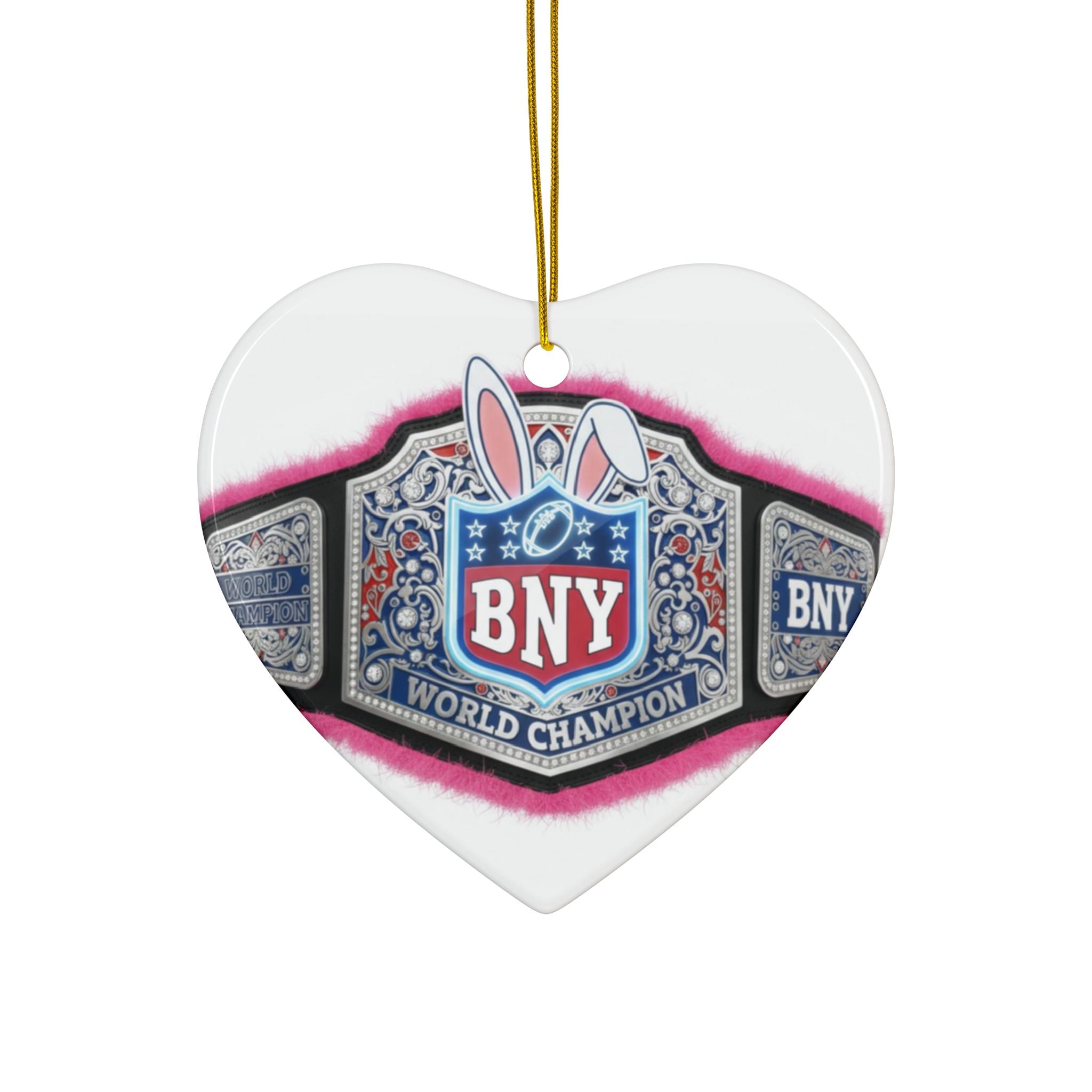 Champion Belt Bunny Heart Ceramic Ornament — BNY World Champion Double-Sided Holiday Decor - Creations by Chris and Carlos