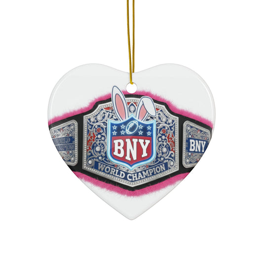 Champion Belt Bunny Heart Ceramic Ornament — BNY World Champion Double-Sided Holiday Decor - Creations by Chris and Carlos