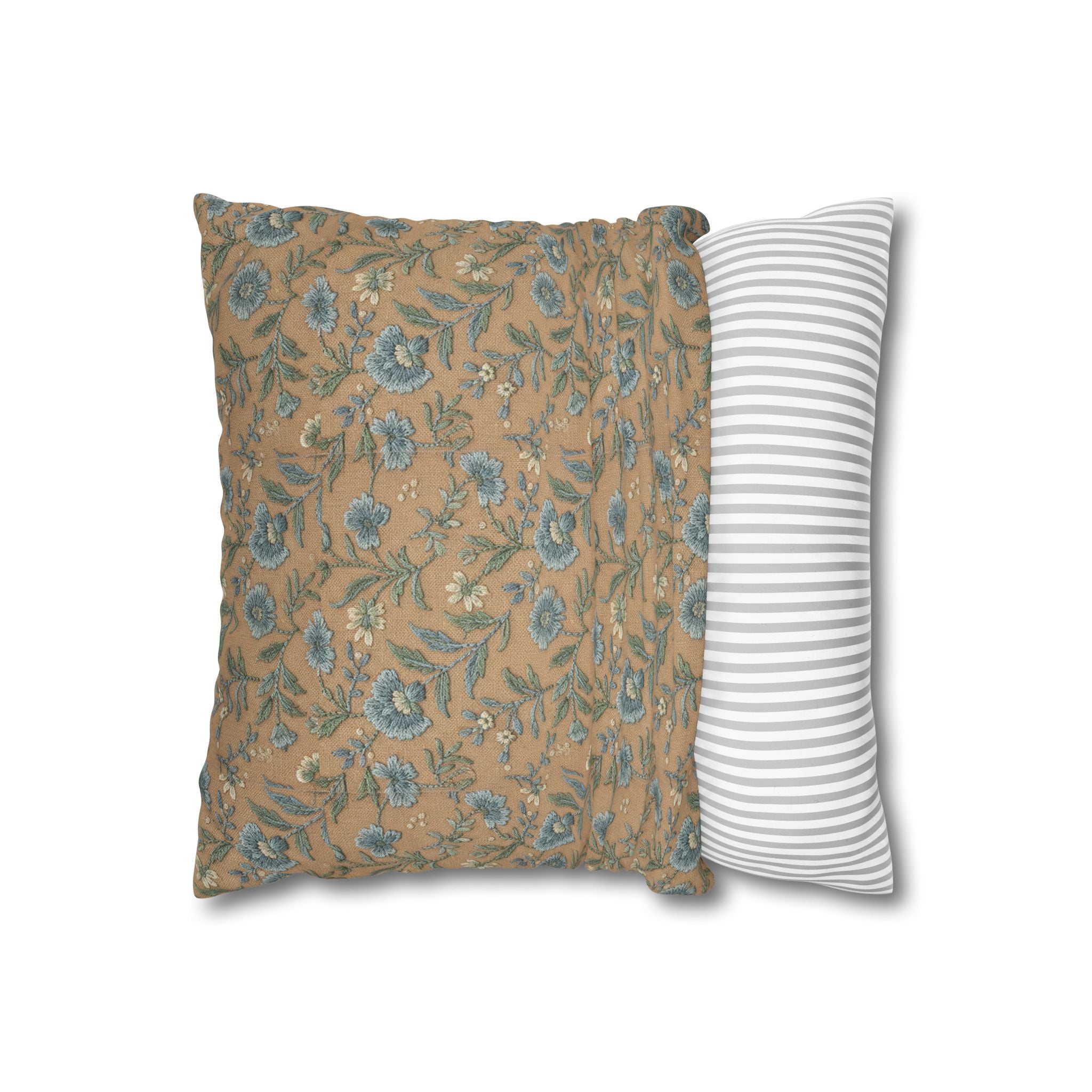 Plumstead Manor Geometric Vintage Floral Pillowcase — Blue Beige Botanical Square Pillow - Creations by Chris and Carlos