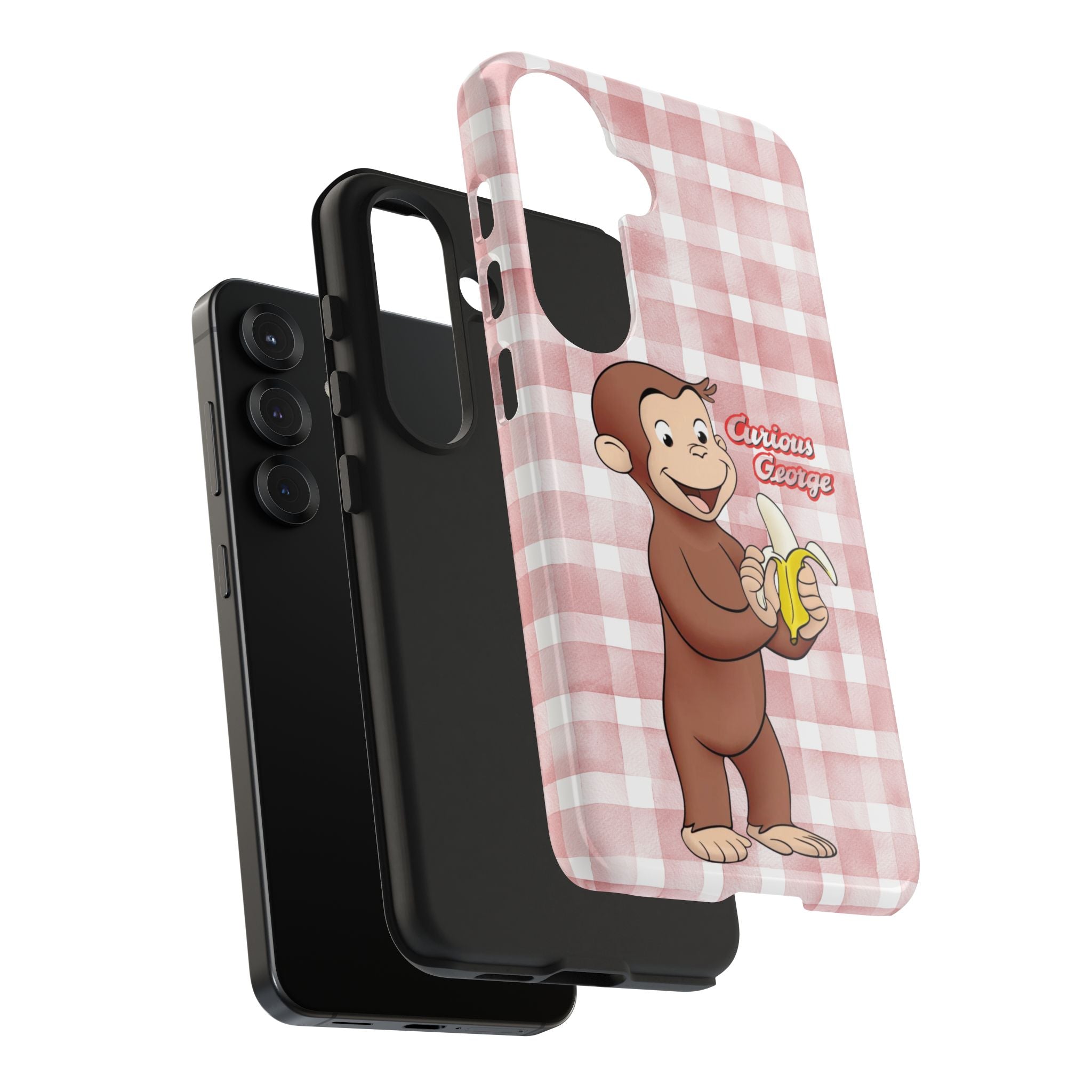 Curious George Banana Tough Phone Case — Cute Kids iPhone Cover, Pink Gingham Protective Case - Creations by Chris and Carlos