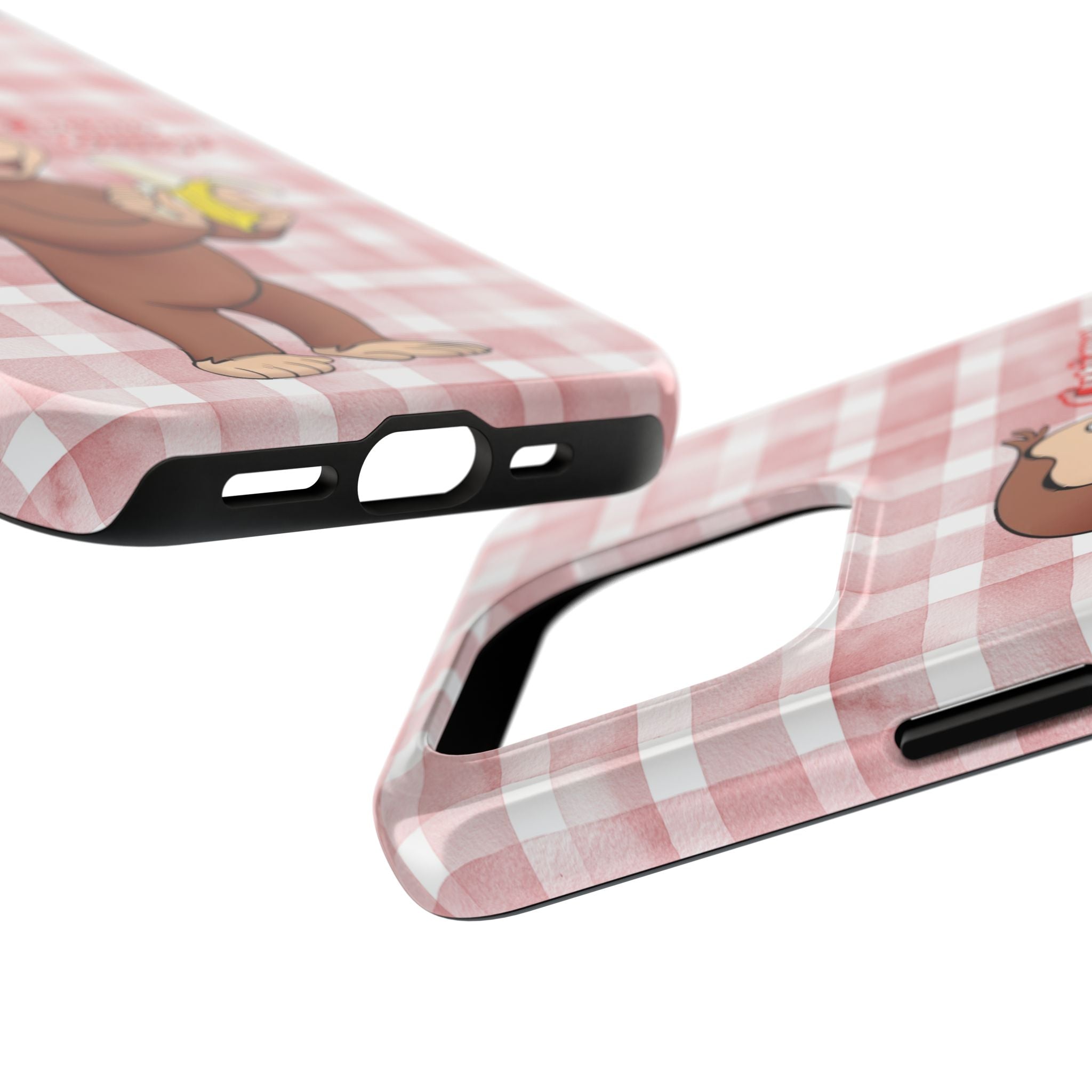 Curious George Banana Tough Phone Case — Cute Kids iPhone Cover, Pink Gingham Protective Case - Creations by Chris and Carlos