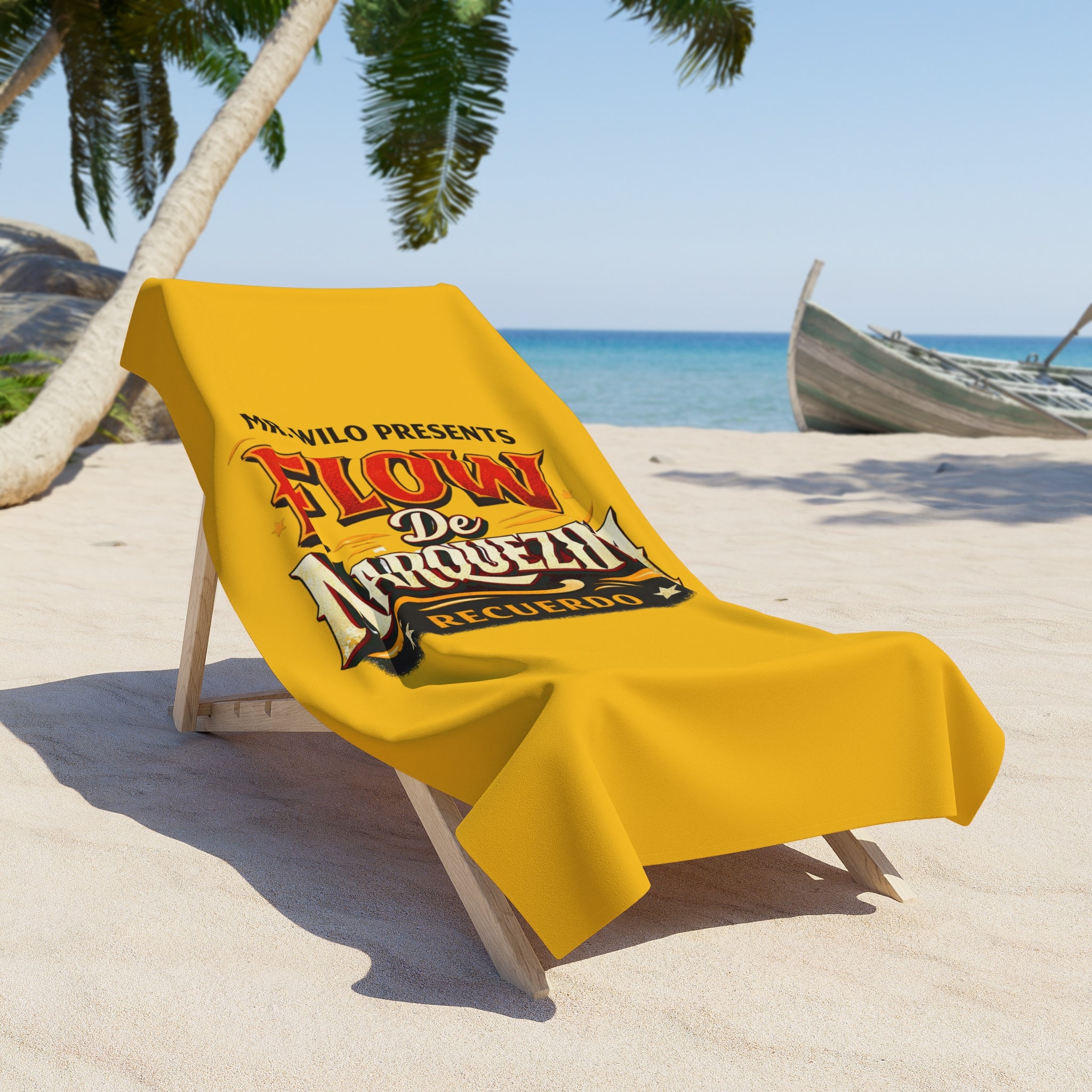Beach Towel - Flow de Marquezina Recuerdo Vintage Logo (Yellow) - Creations by Chris and Carlos