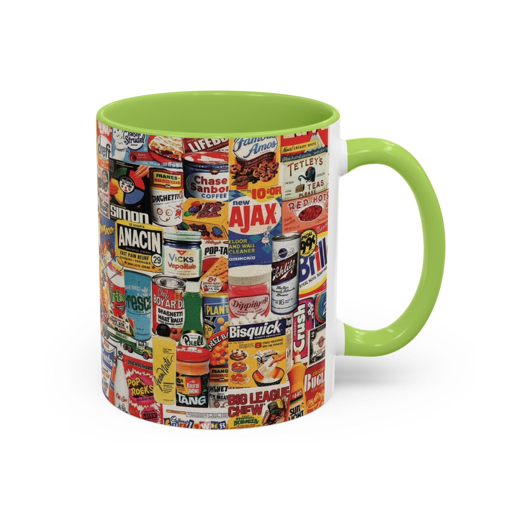 Vintage Retro Ads Coffee Mug — Collage of Classic Brand Labels (11/15oz Accent Mug) - Creations by Chris and Carlos