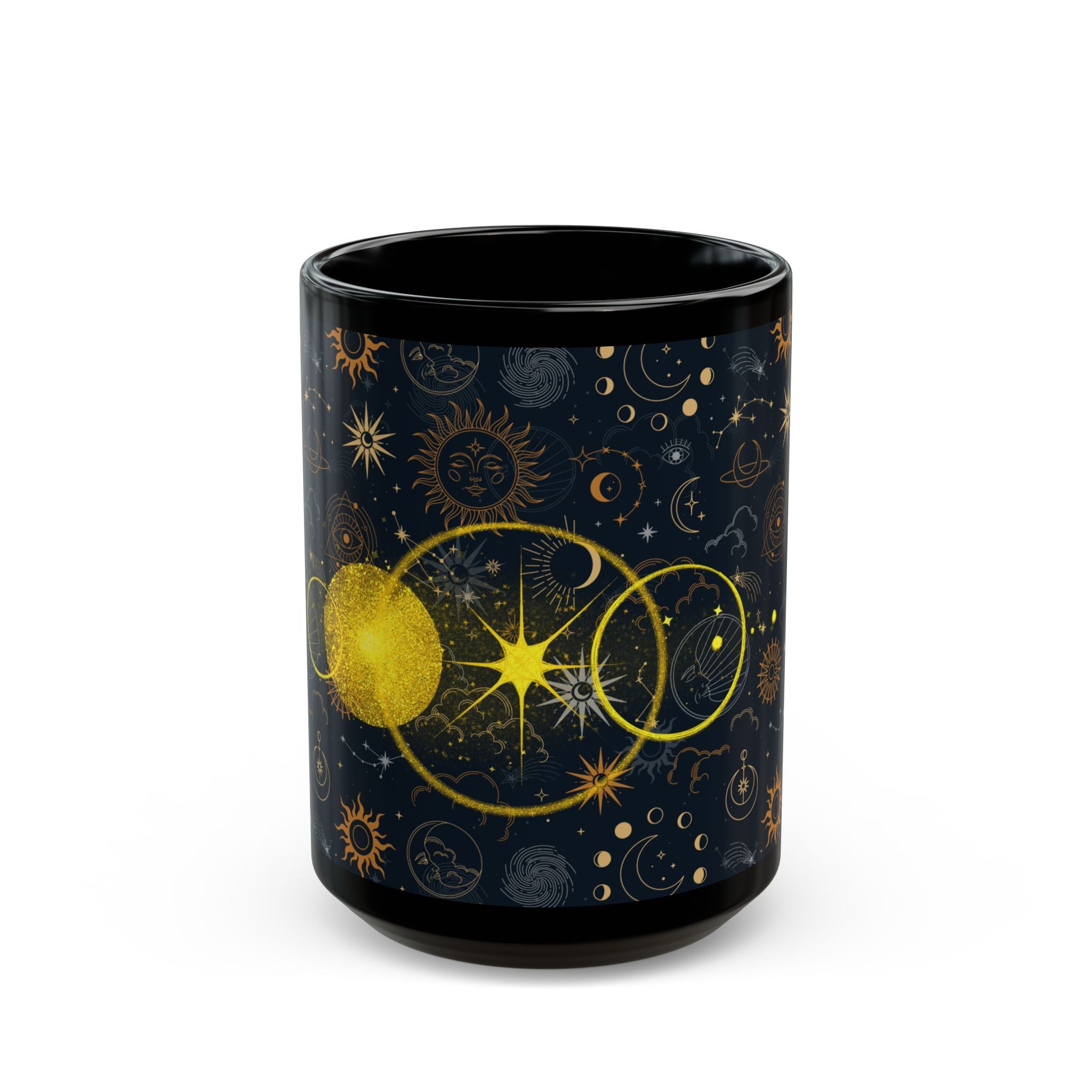 Celestial Phases Black Mug — Gold Moon & Star Astrology Design (11oz/15oz) - Creations by Chris and Carlos