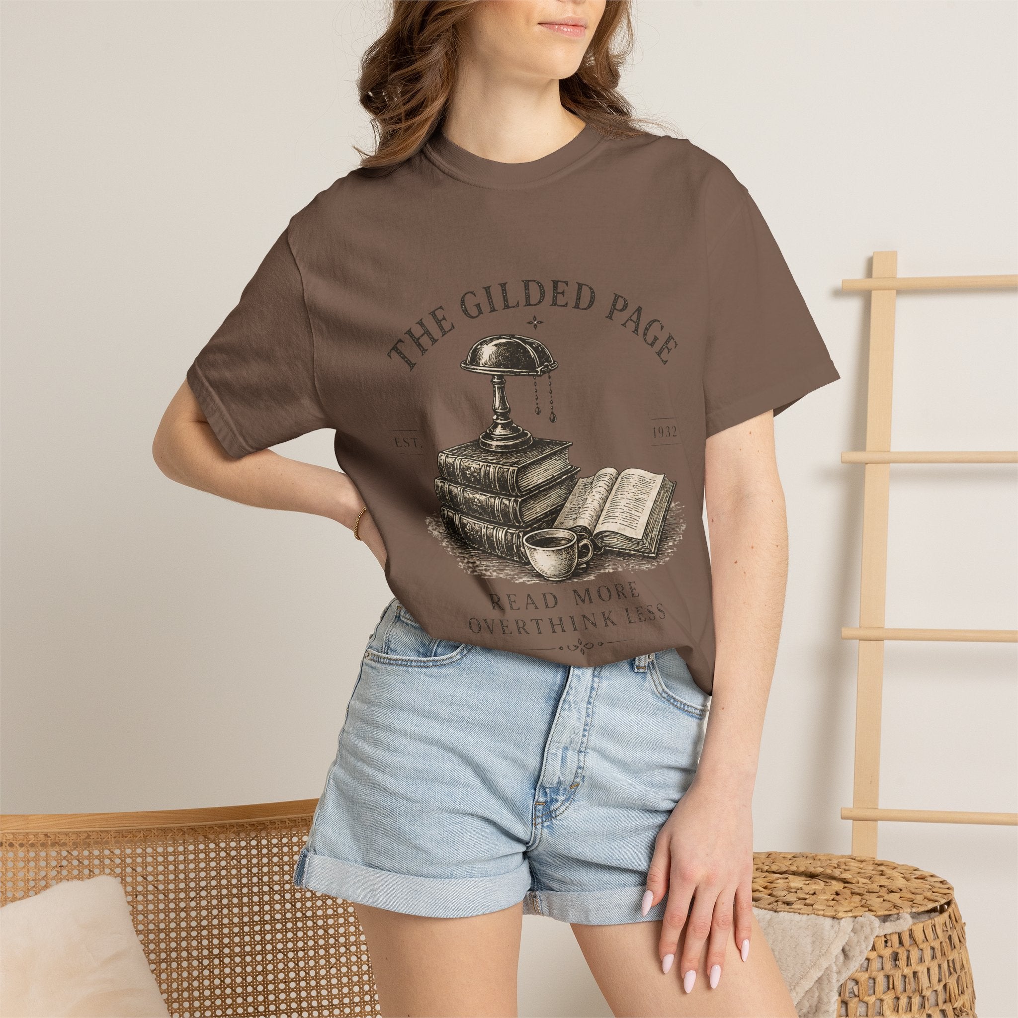 Vintage Book Lovers T‑Shirt — “The Gilded Page: Read More, Overthink Less” - Creations by Chris and Carlos