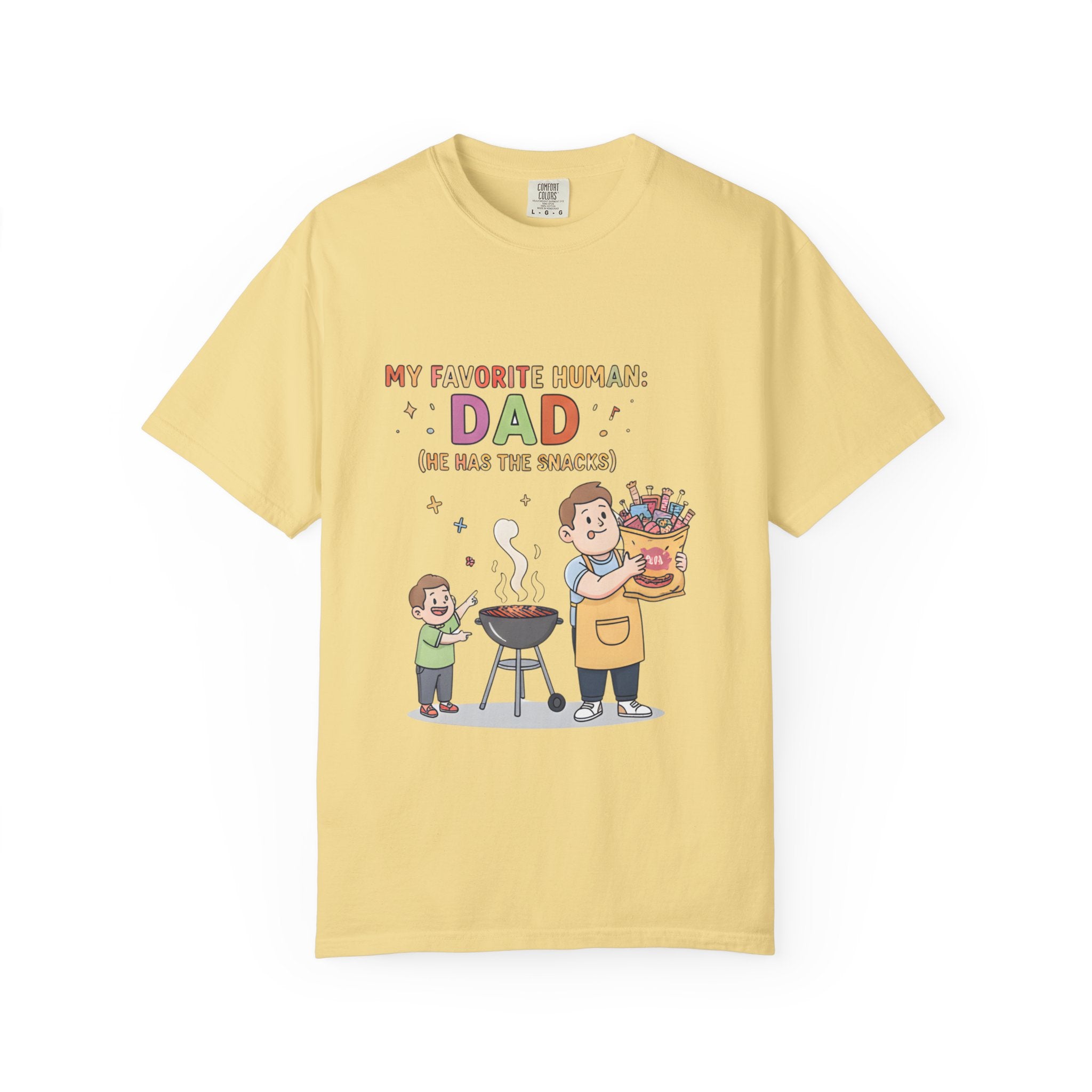T-Shirt — "My Favorite Human Dad-He has the snacks" Funny Retro Graphic Tee - Creations by Chris and Carlos
