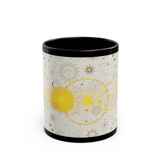 Celestial Sun & Moon Black Mug — Golden Astrology Pattern (11oz/15oz) - Creations by Chris and Carlos