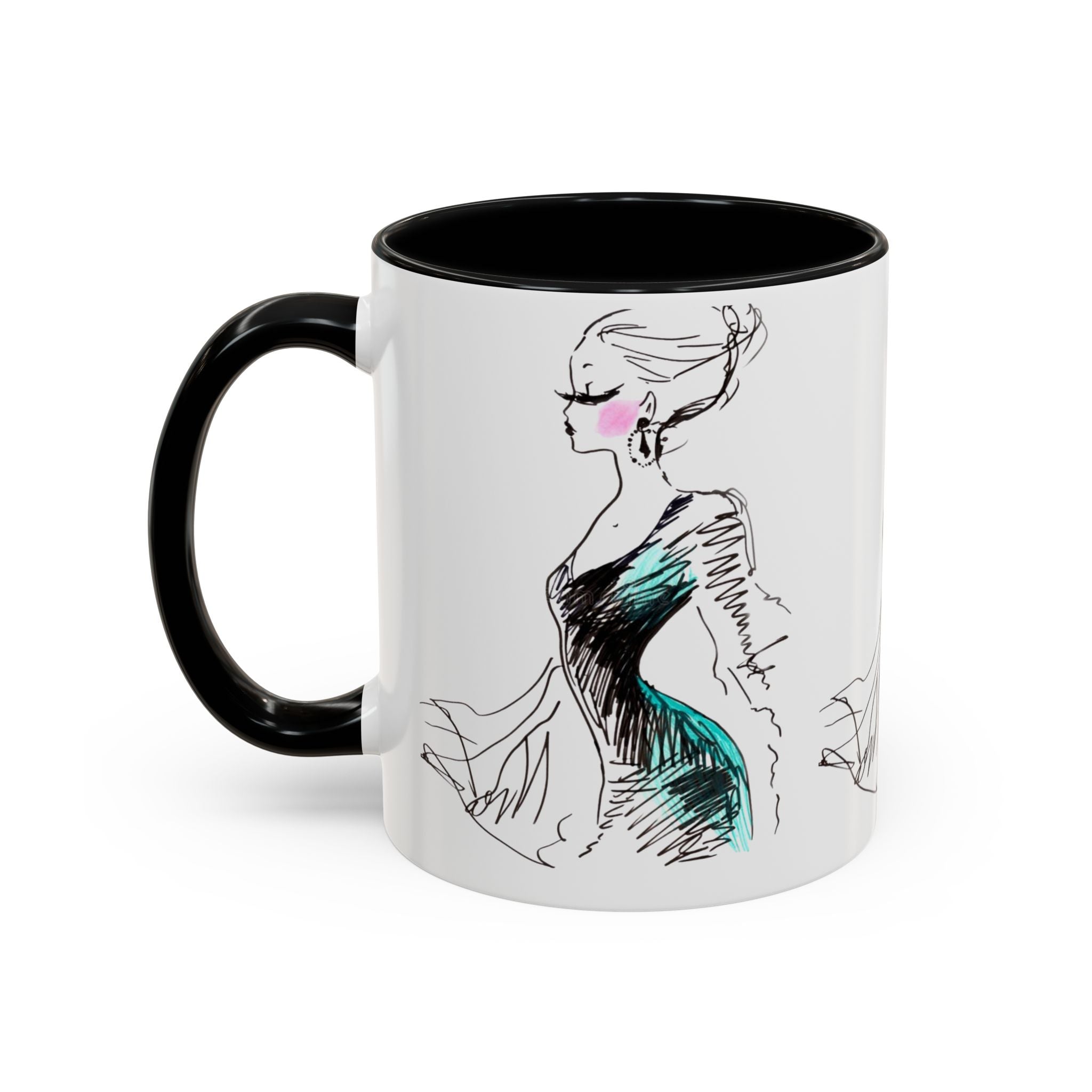Fashion Sketch Accent Coffee Mug — Chic Hand-Drawn Dress Illustration (11/15 oz) - Creations by Chris and Carlos