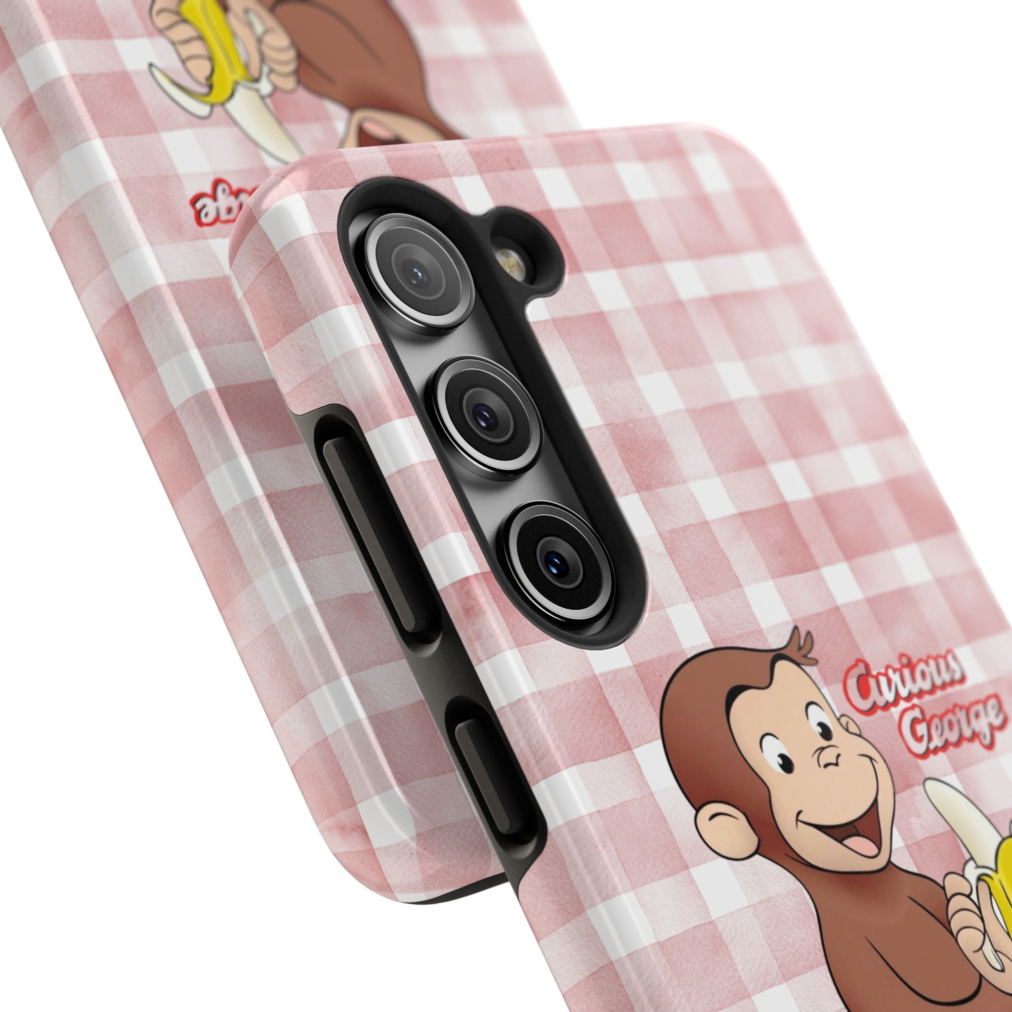 Curious George Banana Tough Phone Case — Cute Kids iPhone Cover, Pink Gingham Protective Case - Creations by Chris and Carlos