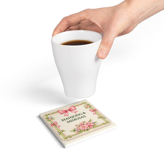 Mahjong & Mimosas Ceramic Coaster — Floral Vintage Game Night Drink Coaster - Creations by Chris and Carlos
