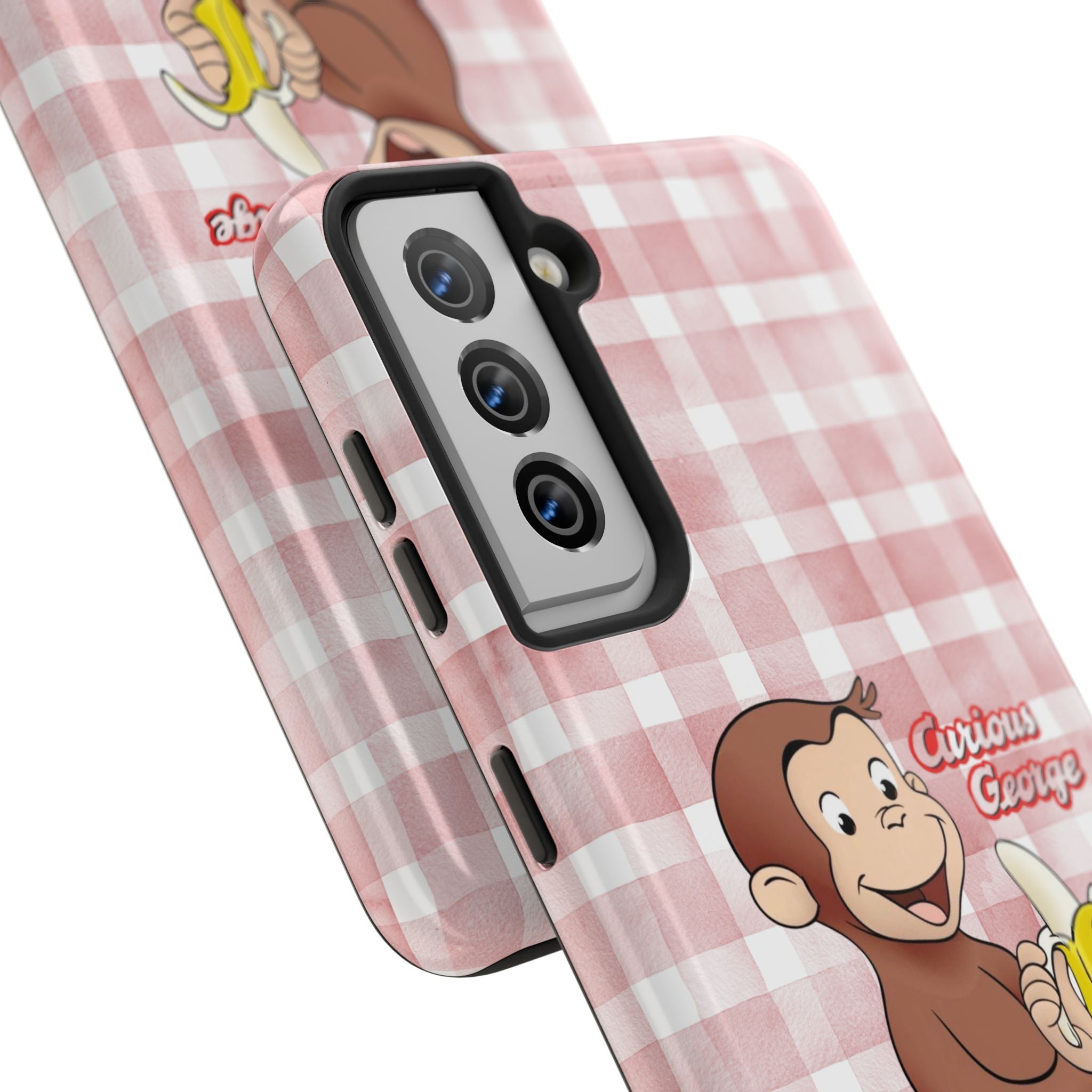 Curious George Banana Tough Phone Case — Cute Kids iPhone Cover, Pink Gingham Protective Case - Creations by Chris and Carlos