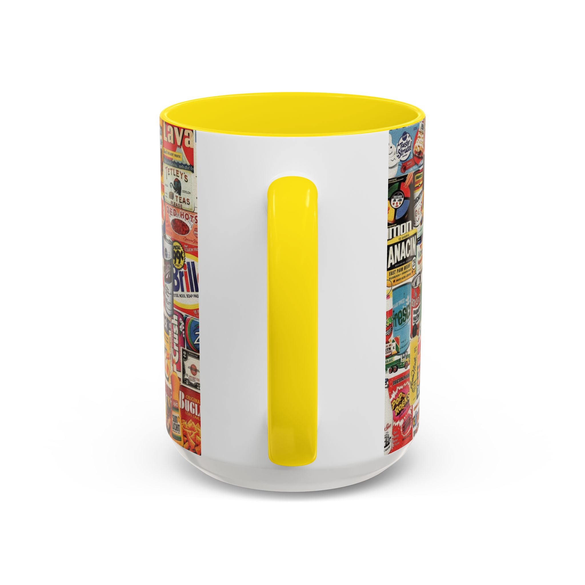 Vintage Retro Ads Coffee Mug — Collage of Classic Brand Labels (11/15oz Accent Mug) - Creations by Chris and Carlos