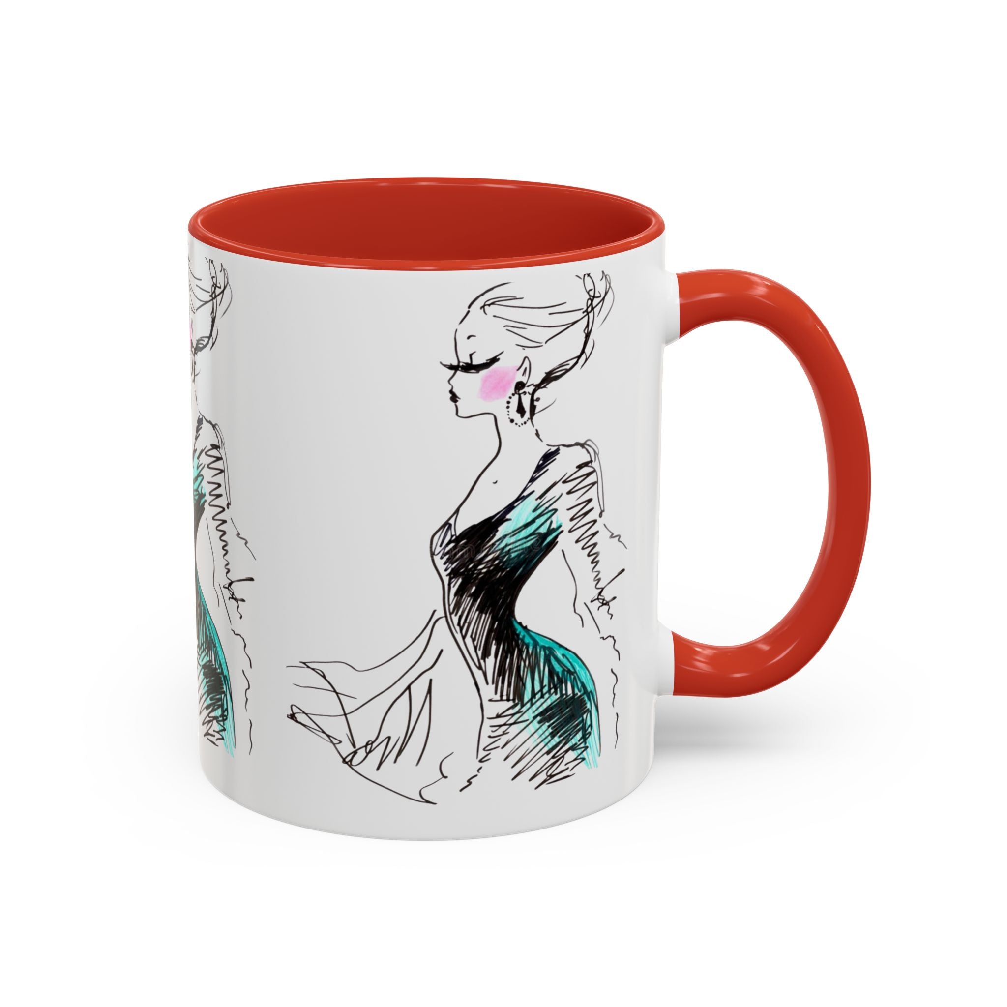 Fashion Sketch Accent Coffee Mug — Chic Hand-Drawn Dress Illustration (11/15 oz) - Creations by Chris and Carlos