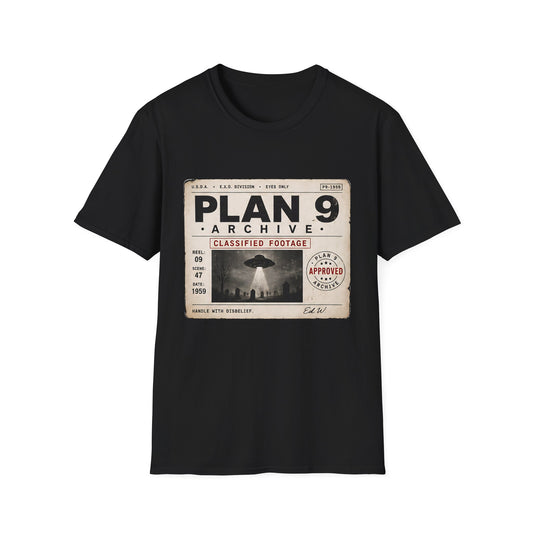 Plan 9 Archive UFO T-Shirt — Retro 'Classified Footage' Alien Badge Tee - Creations by Chris and Carlos