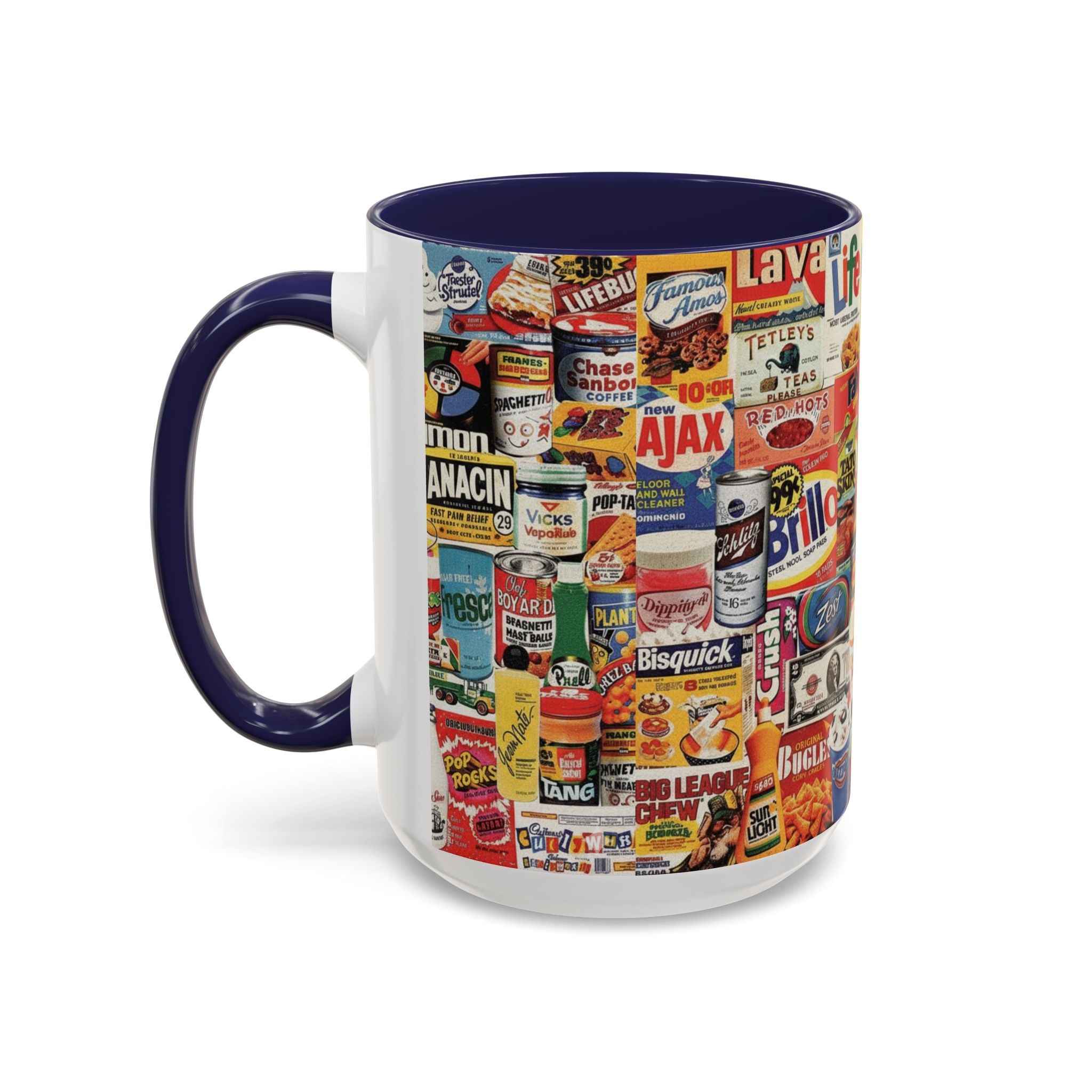 Vintage Retro Ads Coffee Mug — Collage of Classic Brand Labels (11/15oz Accent Mug) - Creations by Chris and Carlos