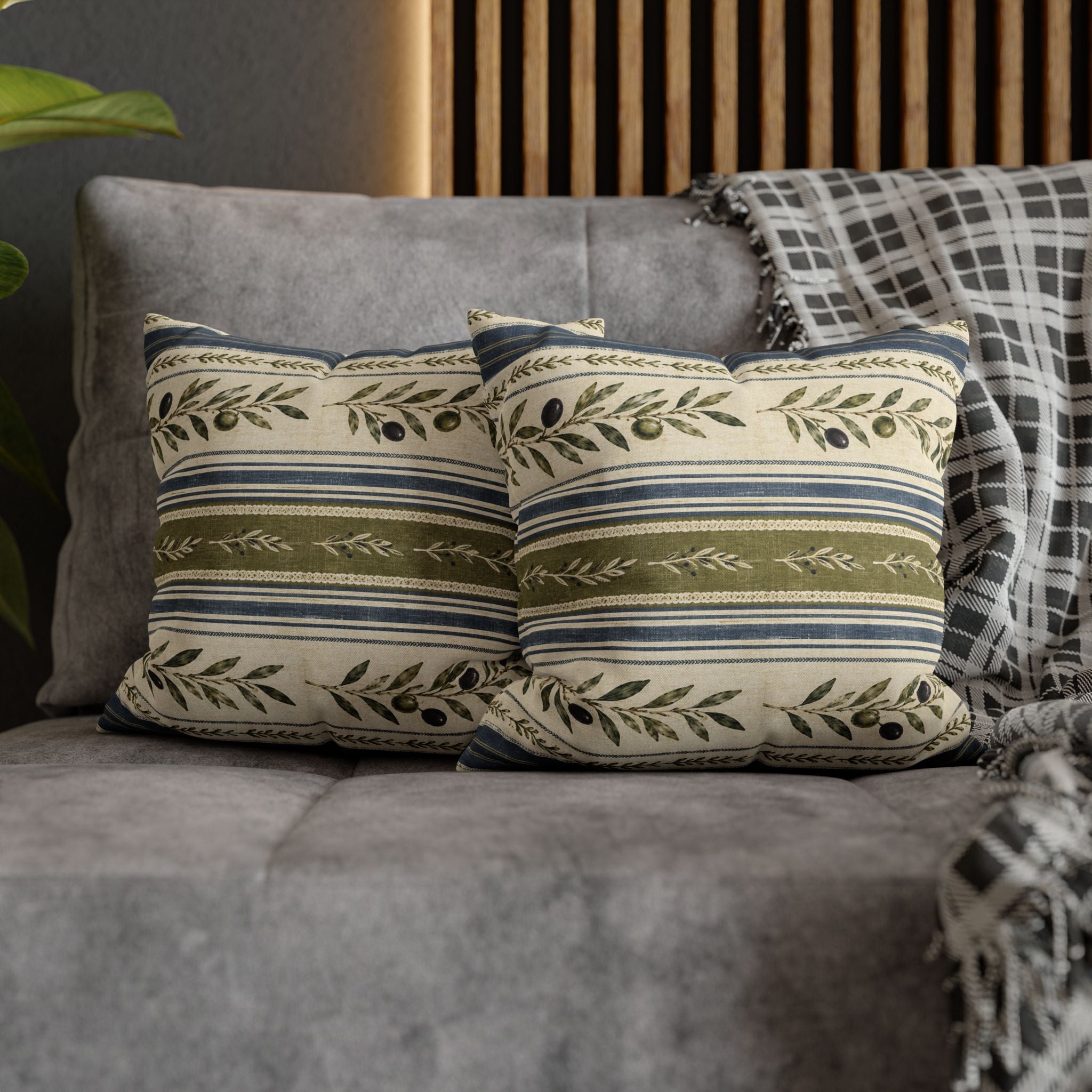 Olive & Navy Olive Branch Striped Throw Pillowcase - Creations by Chris and Carlos