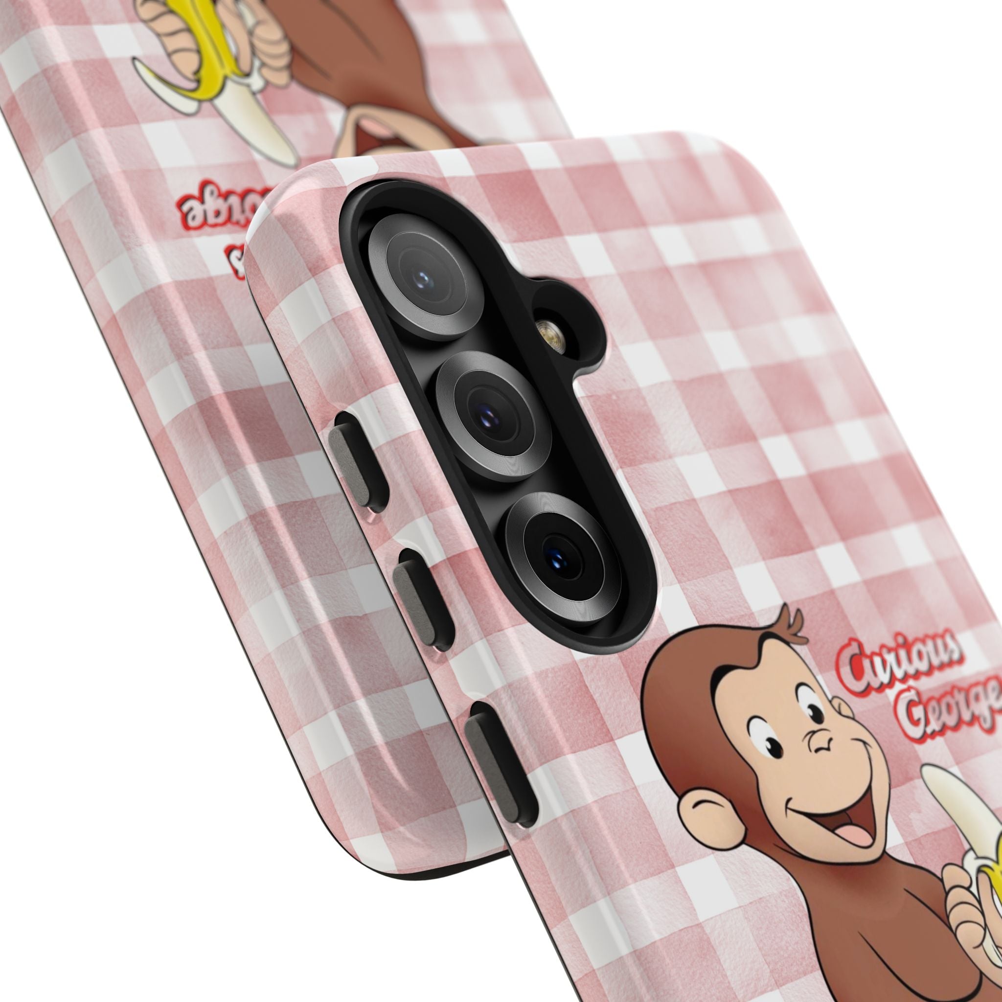 Curious George Banana Tough Phone Case — Cute Kids iPhone Cover, Pink Gingham Protective Case - Creations by Chris and Carlos