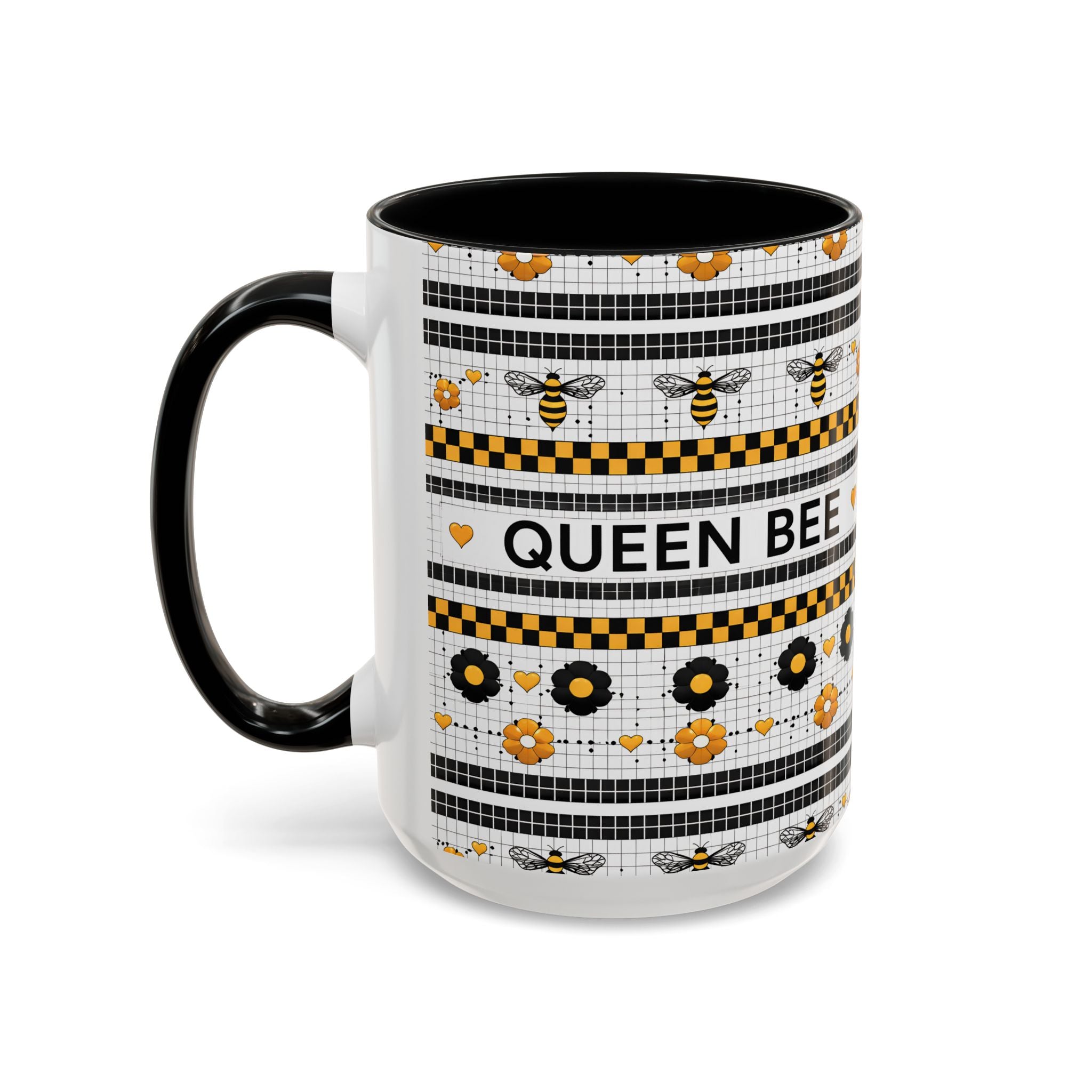 Queen Bee Coffee Mug — Black & Yellow Floral Accent Mug (11/15oz) - Creations by Chris and Carlos