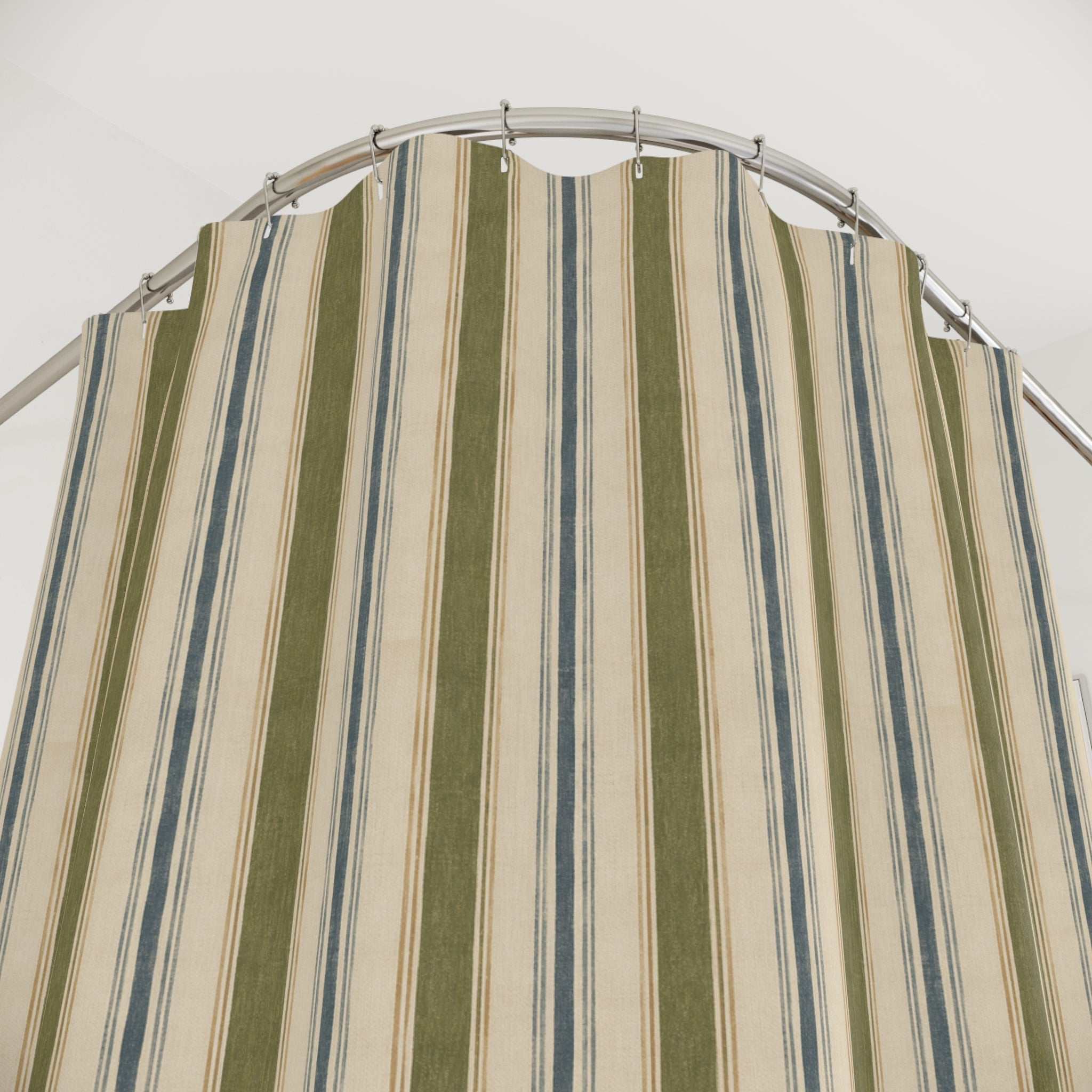 Striped Coastal Shower Curtain — Blue & Olive Vertical Stripe Bathroom Decor - Creations by Chris and Carlos