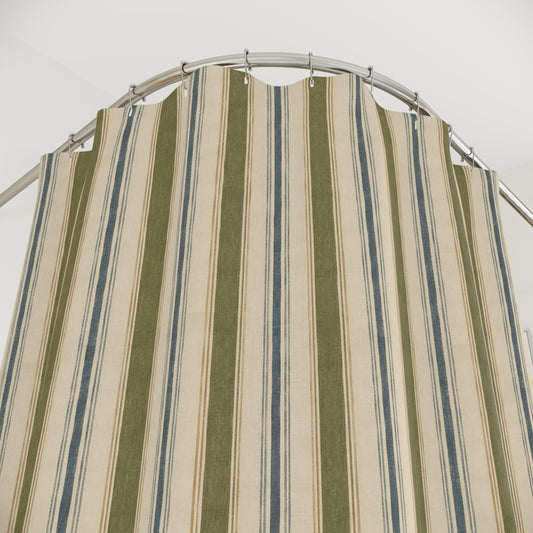 Striped Coastal Shower Curtain — Blue & Olive Vertical Stripe Bathroom Decor - Creations by Chris and Carlos