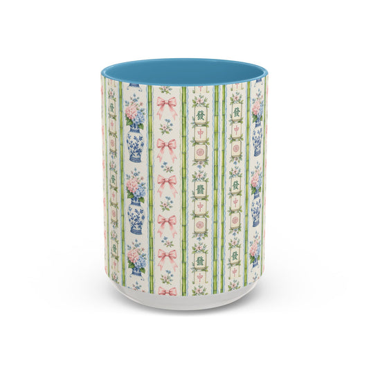 Vintage Floral Stripe Coffee Mug — Pink Accent & Bow Pattern (11/15 oz) - Creations by Chris and Carlos
