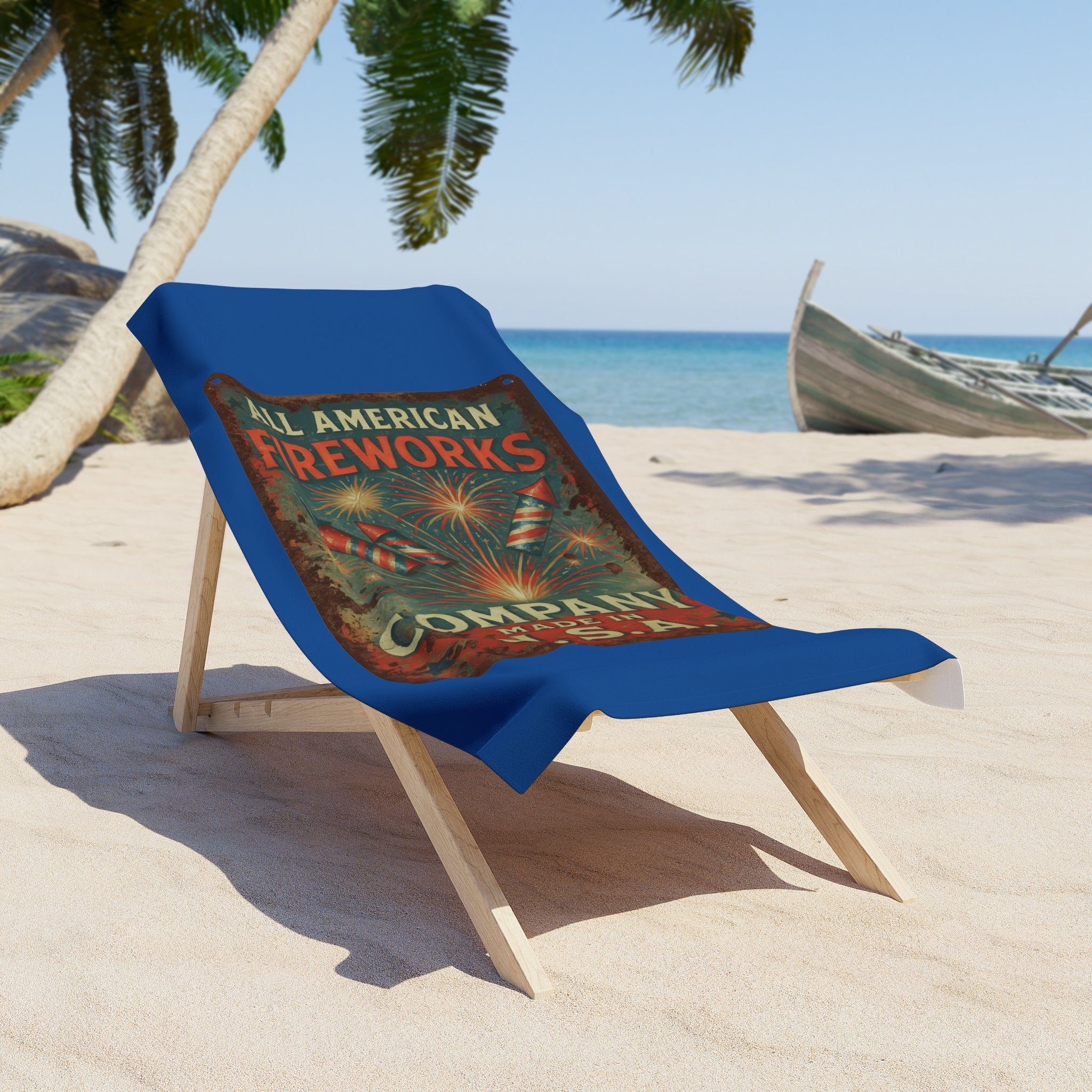 Beach Towel - Vintage "All American Fireworks Company" Patriotic USA Design - Creations by Chris and Carlos